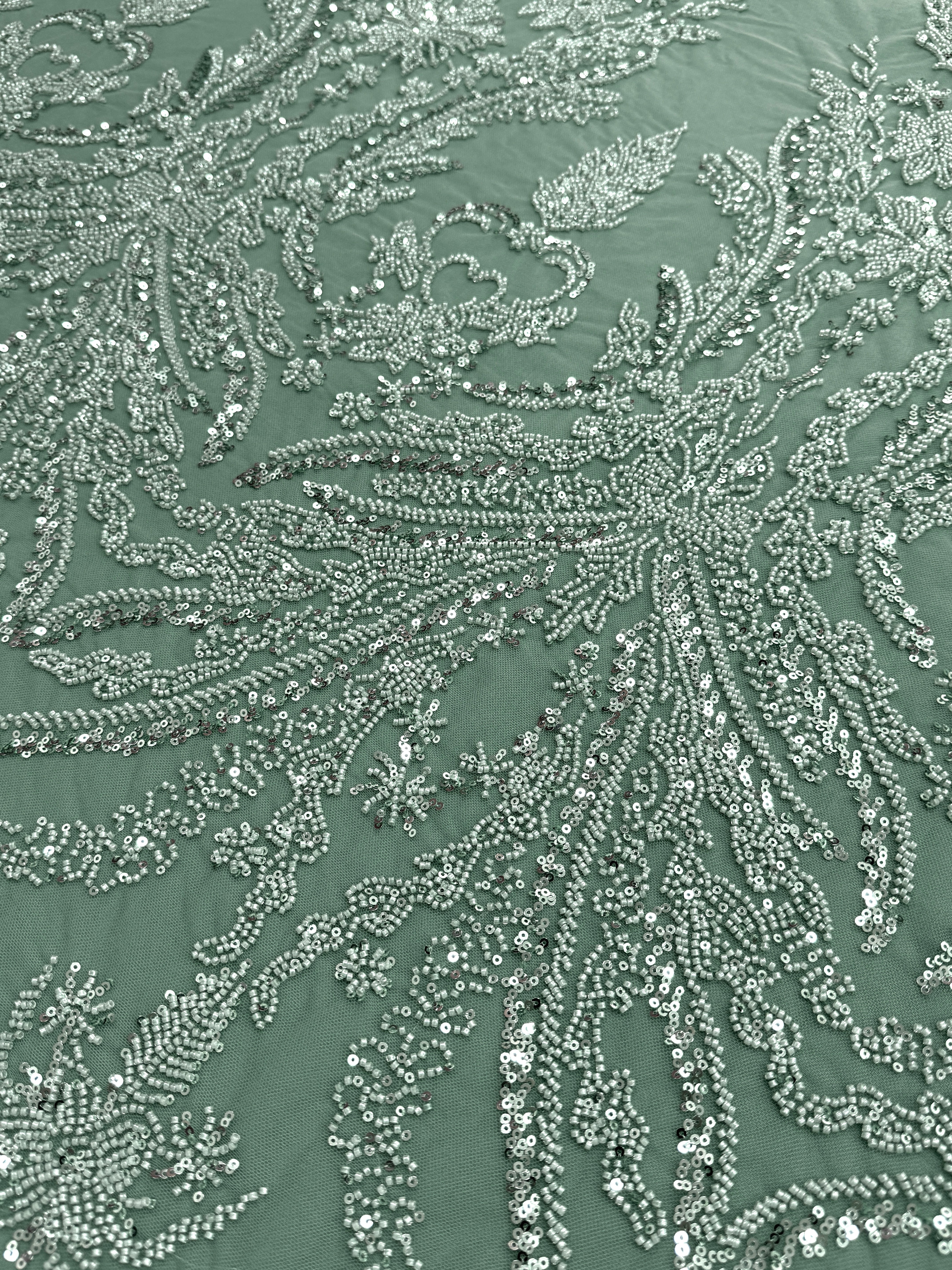 Dantela Couture Verde Prafuit cu Model Floral, cu Margele si Paiete