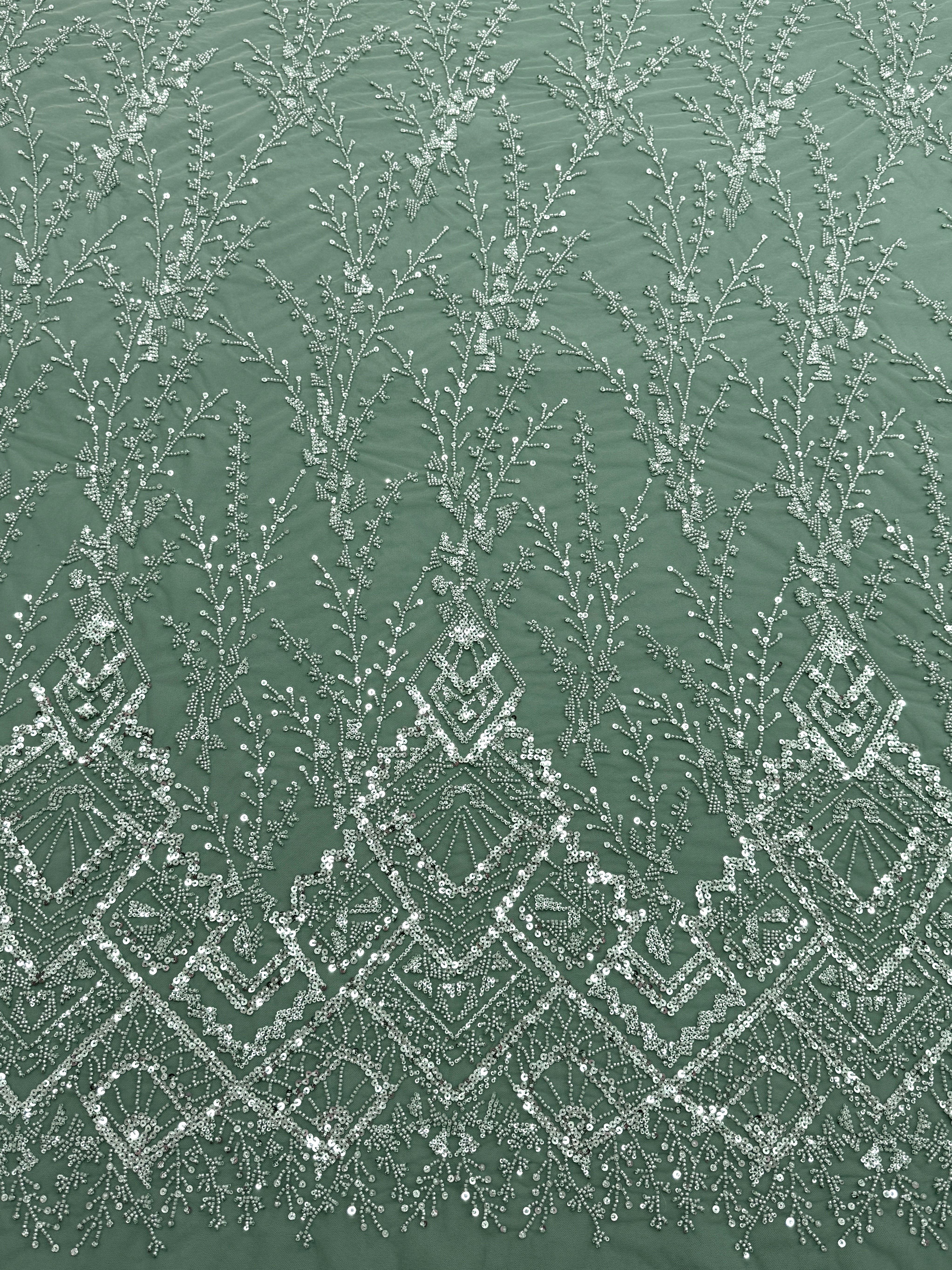 Dantela Couture Verde Prafuit cu Model Geometric, cu Margele si Paiete