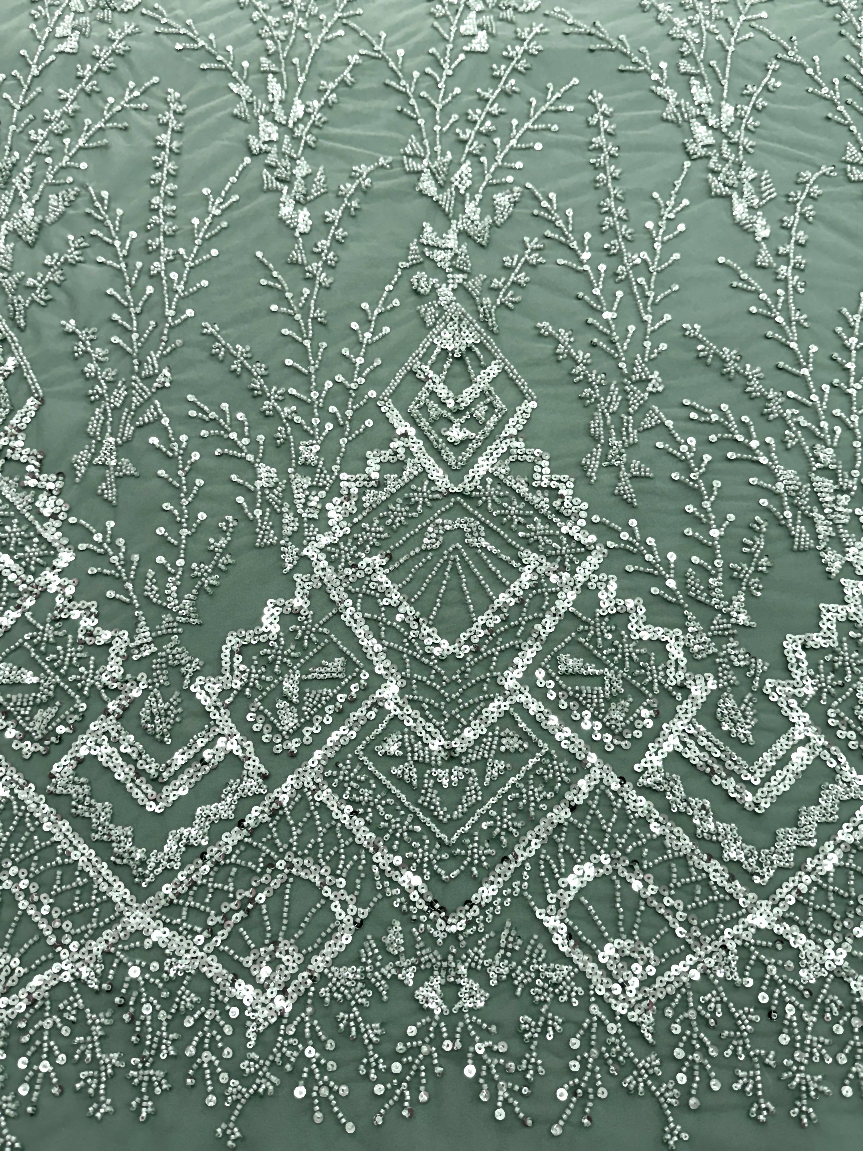 Dantela Couture Verde Prafuit cu Model Geometric, cu Margele si Paiete