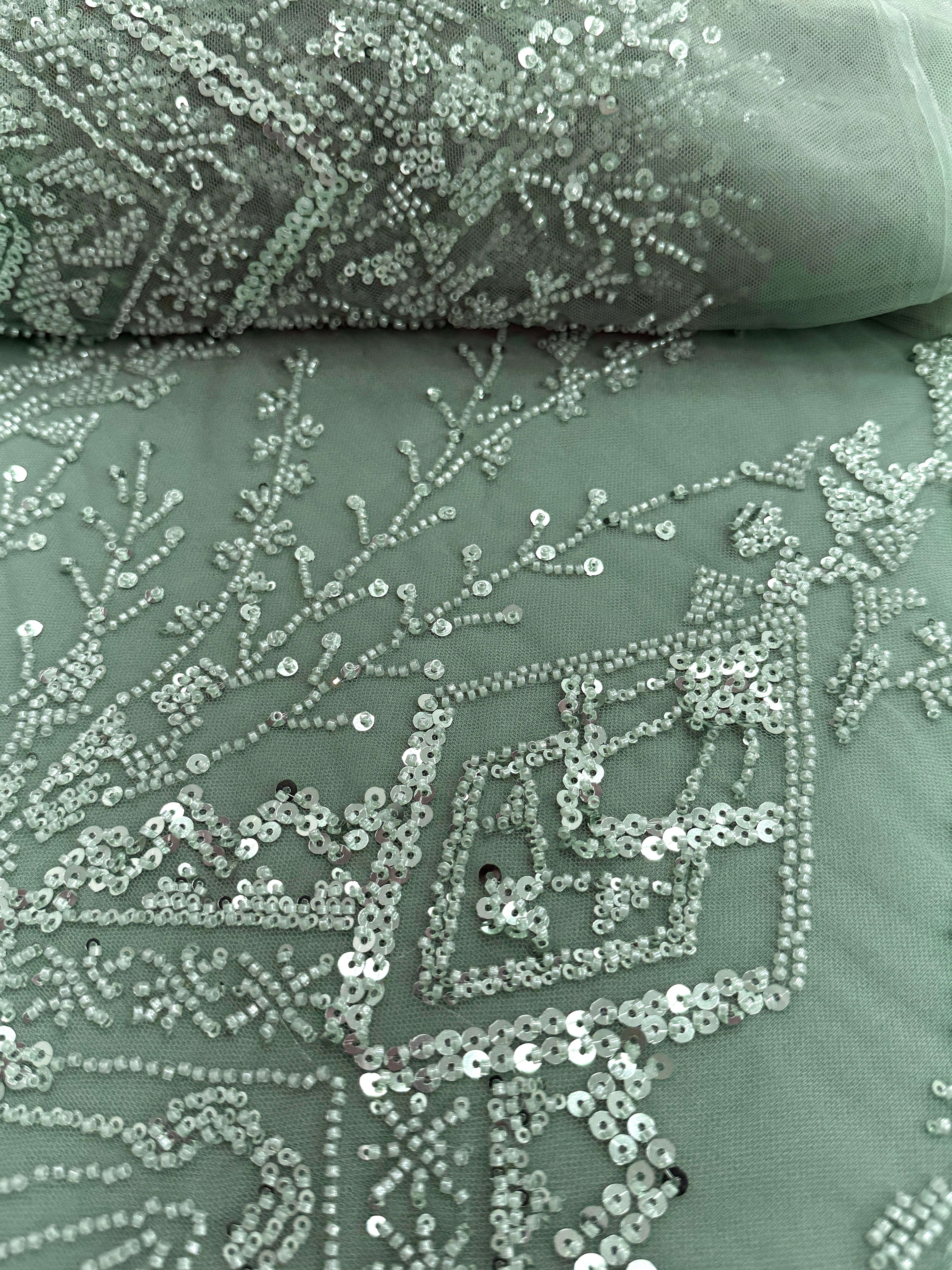 Dantela Couture Verde Prafuit cu Model Geometric, cu Margele si Paiete