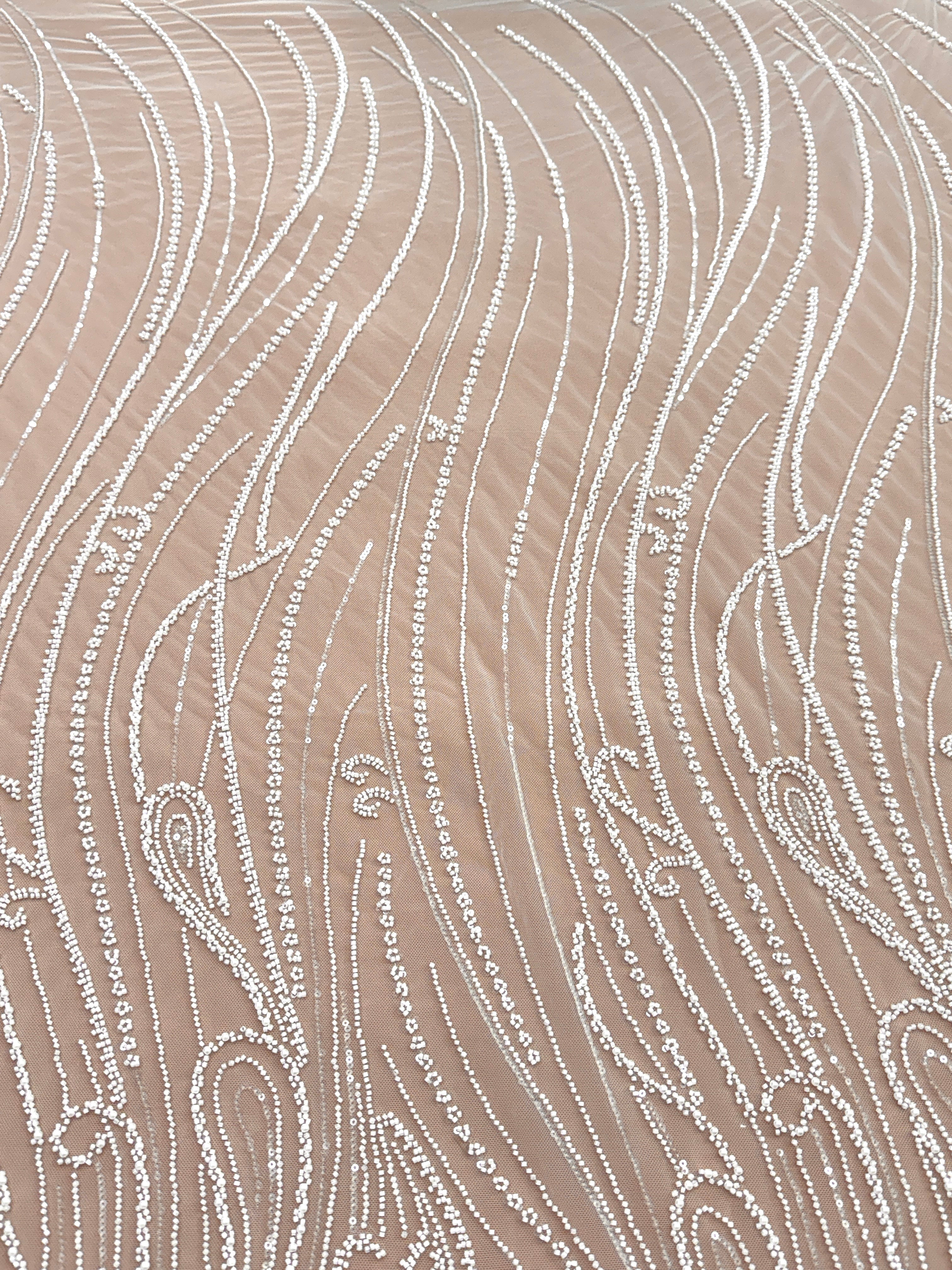 Dantela Couture Ivory cu Model Geometric, cu Perle, Margele si Paiete