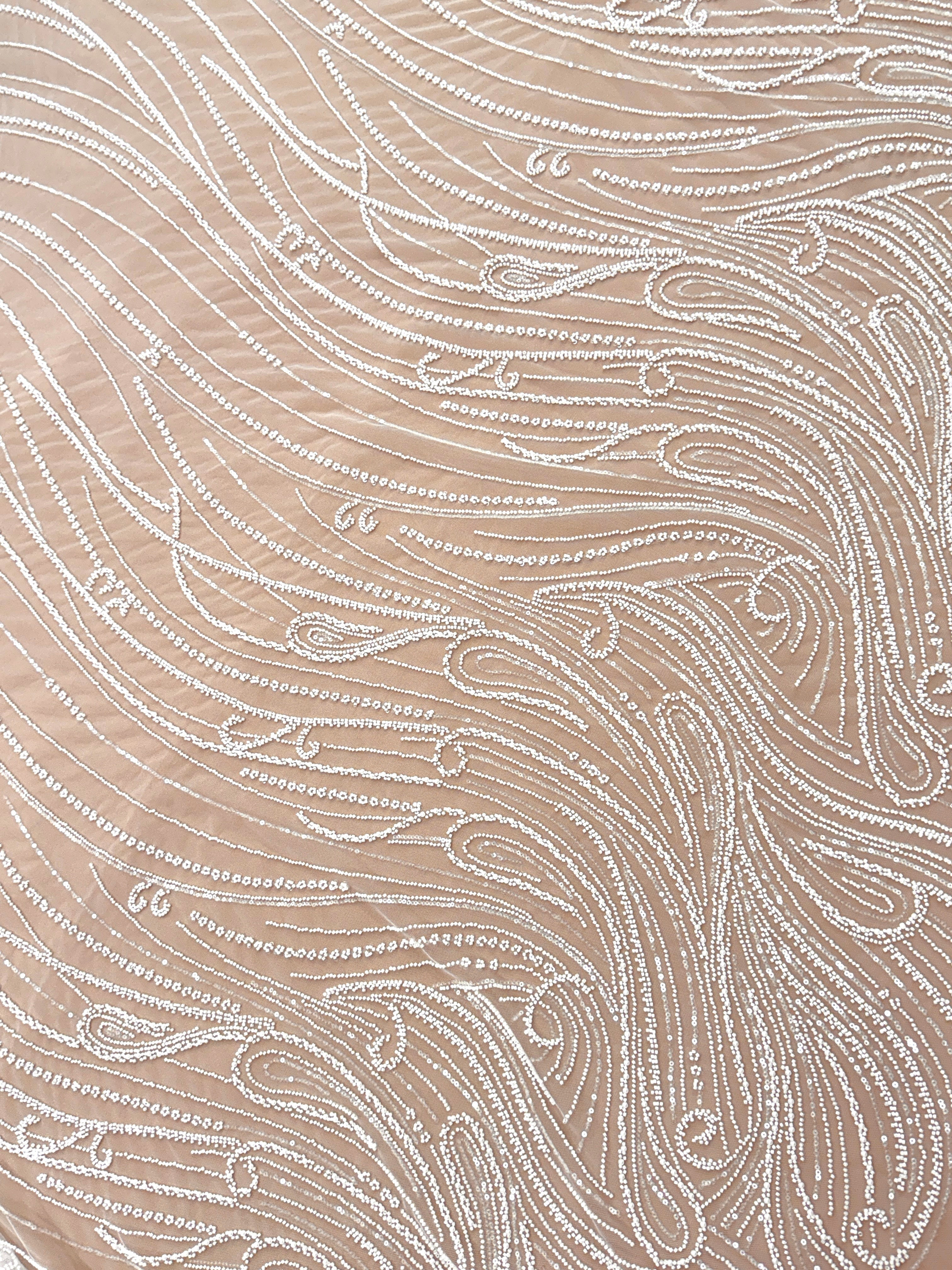 Dantela Couture Ivory cu Model Geometric, cu Perle, Margele si Paiete