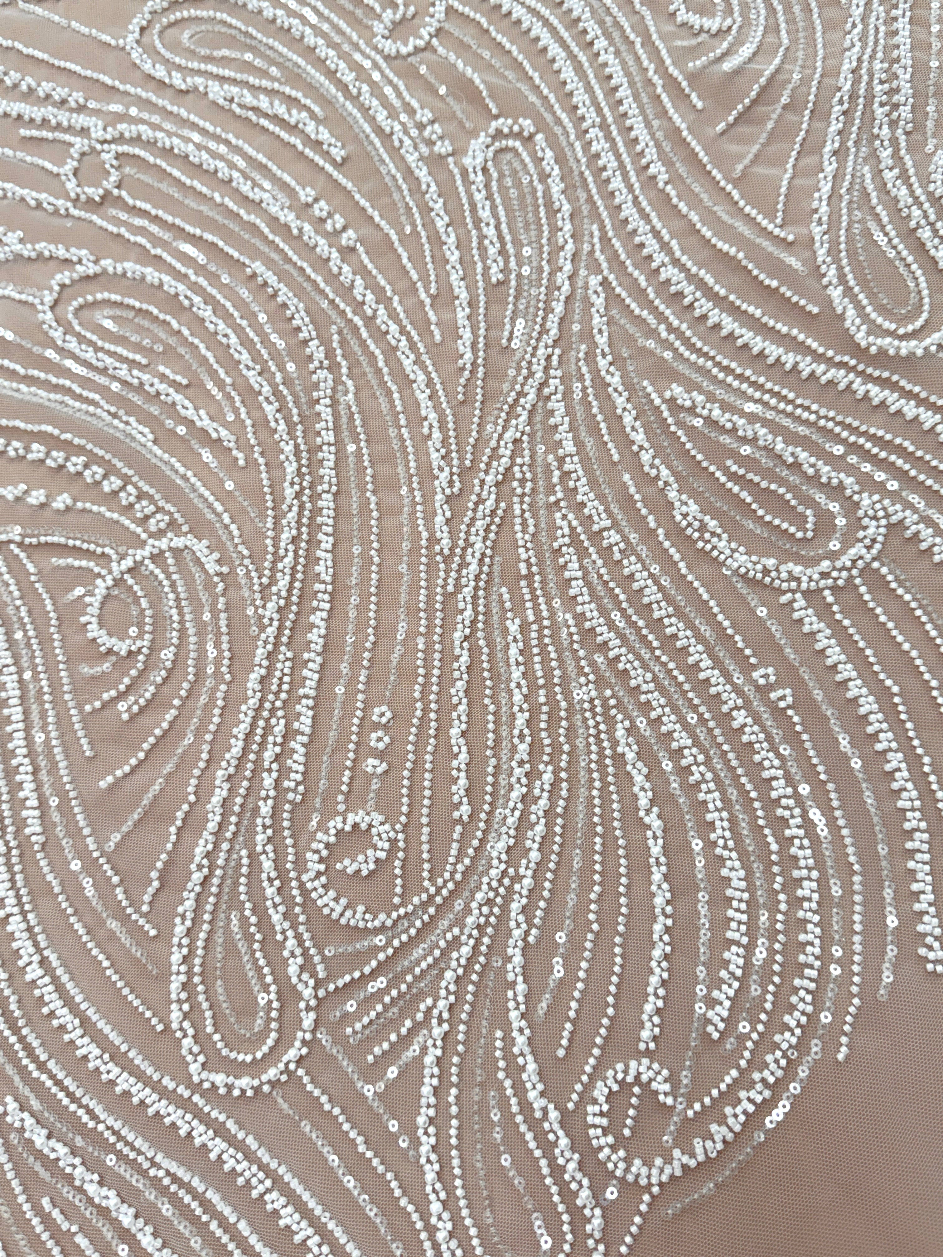 Dantela Couture Ivory cu Model Geometric, cu Perle, Margele si Paiete