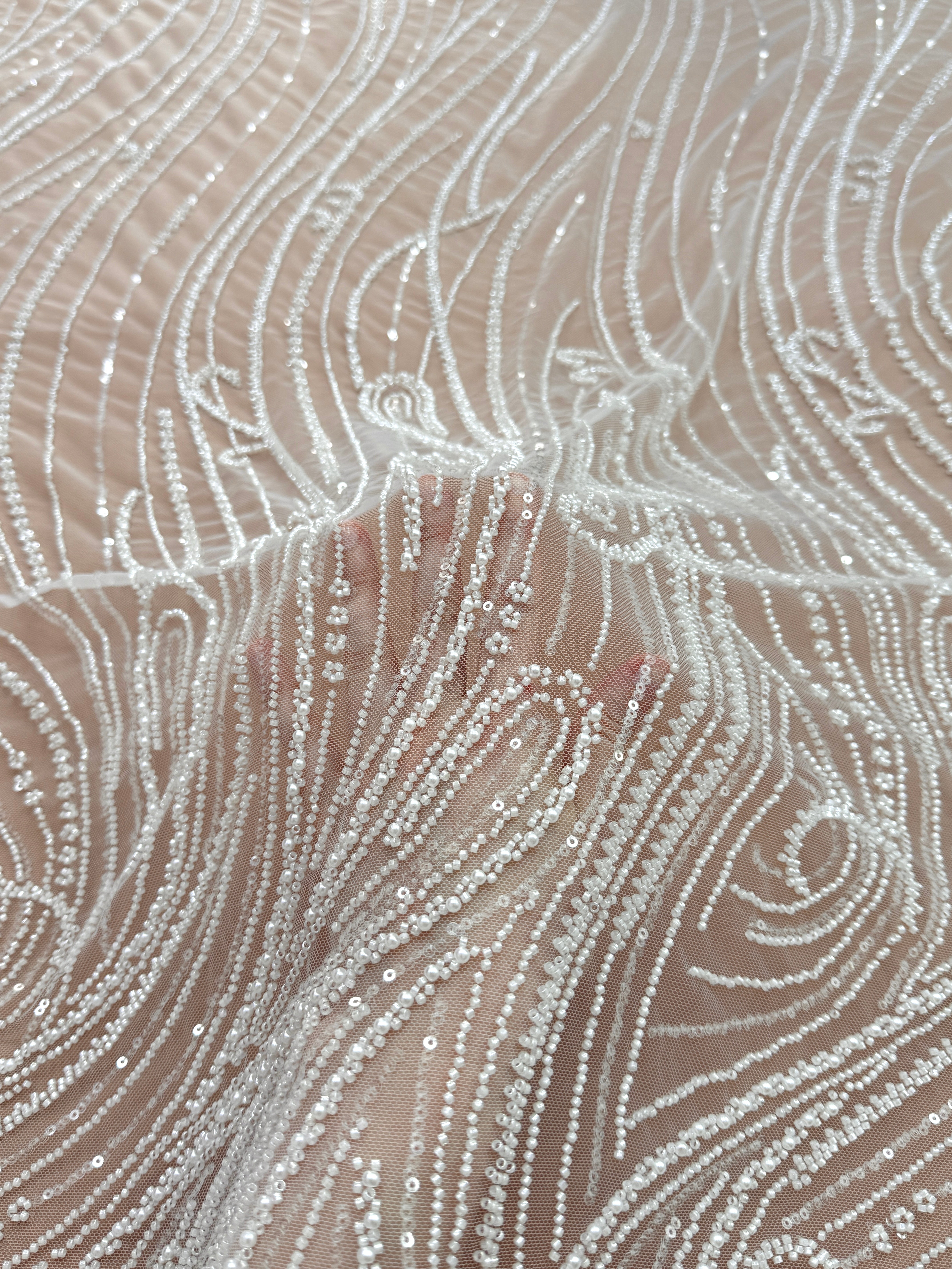 Dantela Couture Ivory cu Model Geometric, cu Perle, Margele si Paiete
