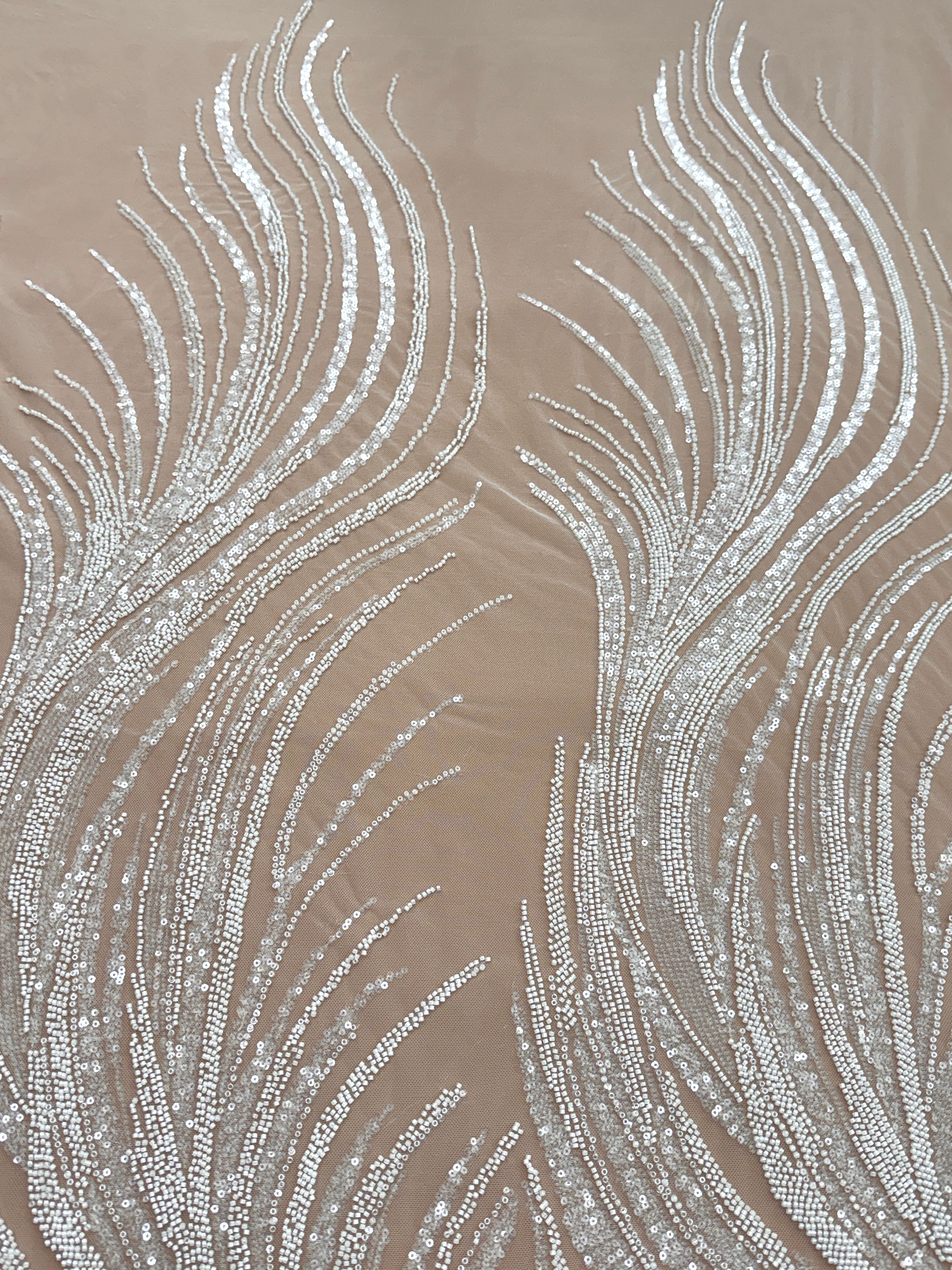 Dantela Couture Ivory cu Panou, cu Margele si Paiete