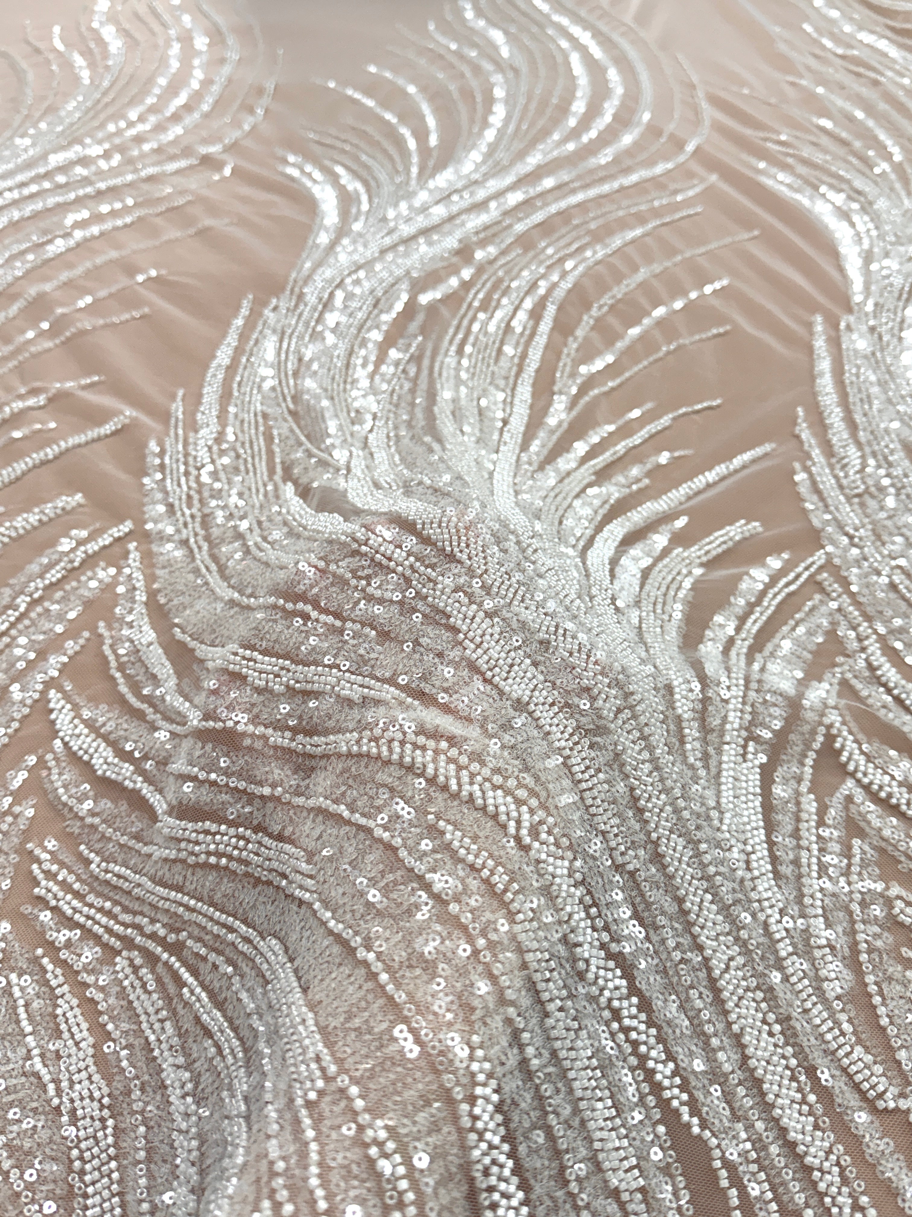 Dantela Couture Ivory cu Panou, cu Margele si Paiete