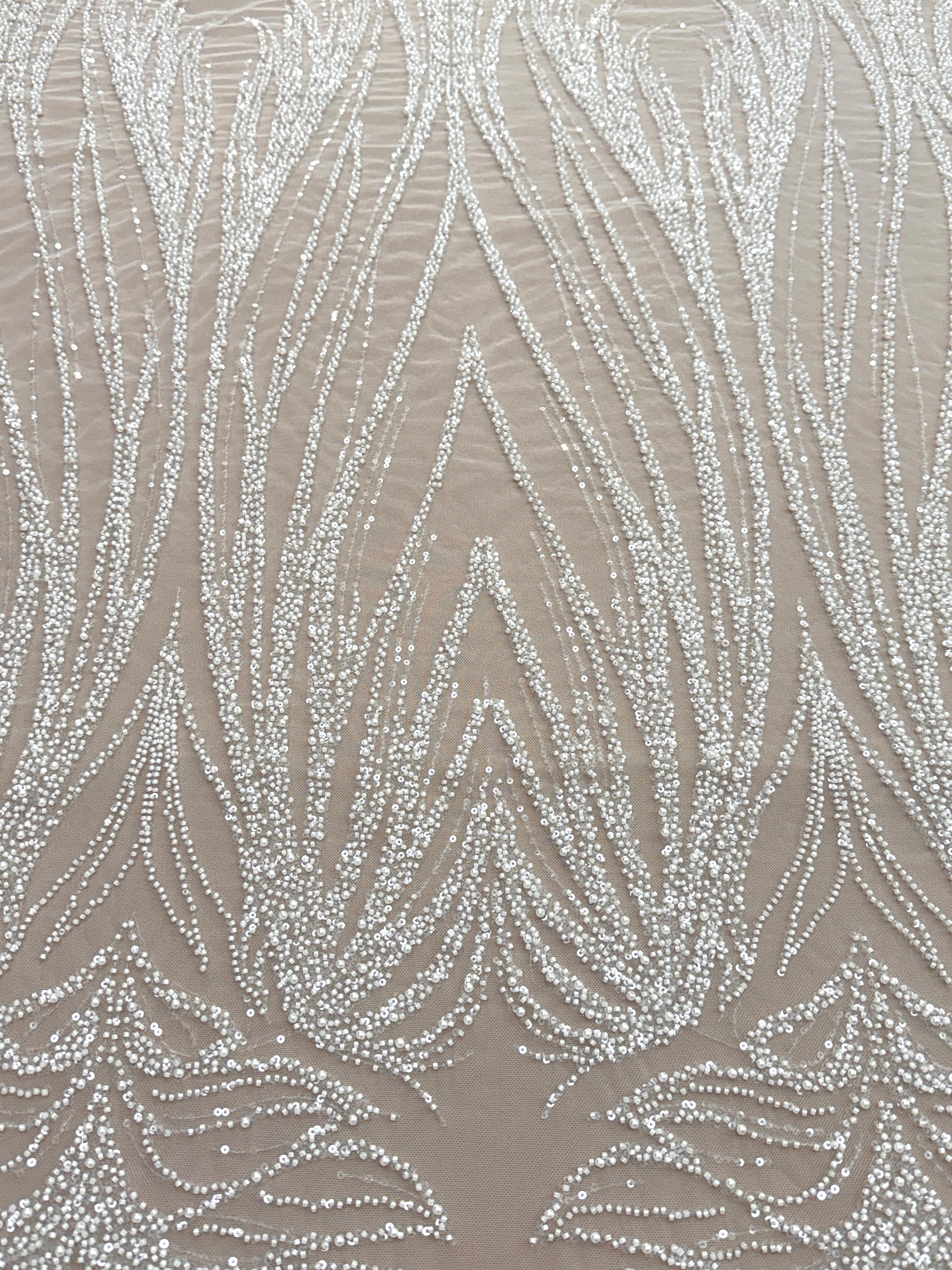 Dantela Couture Ivory cu Model Geometric, cu Perle, Margele si Paiete