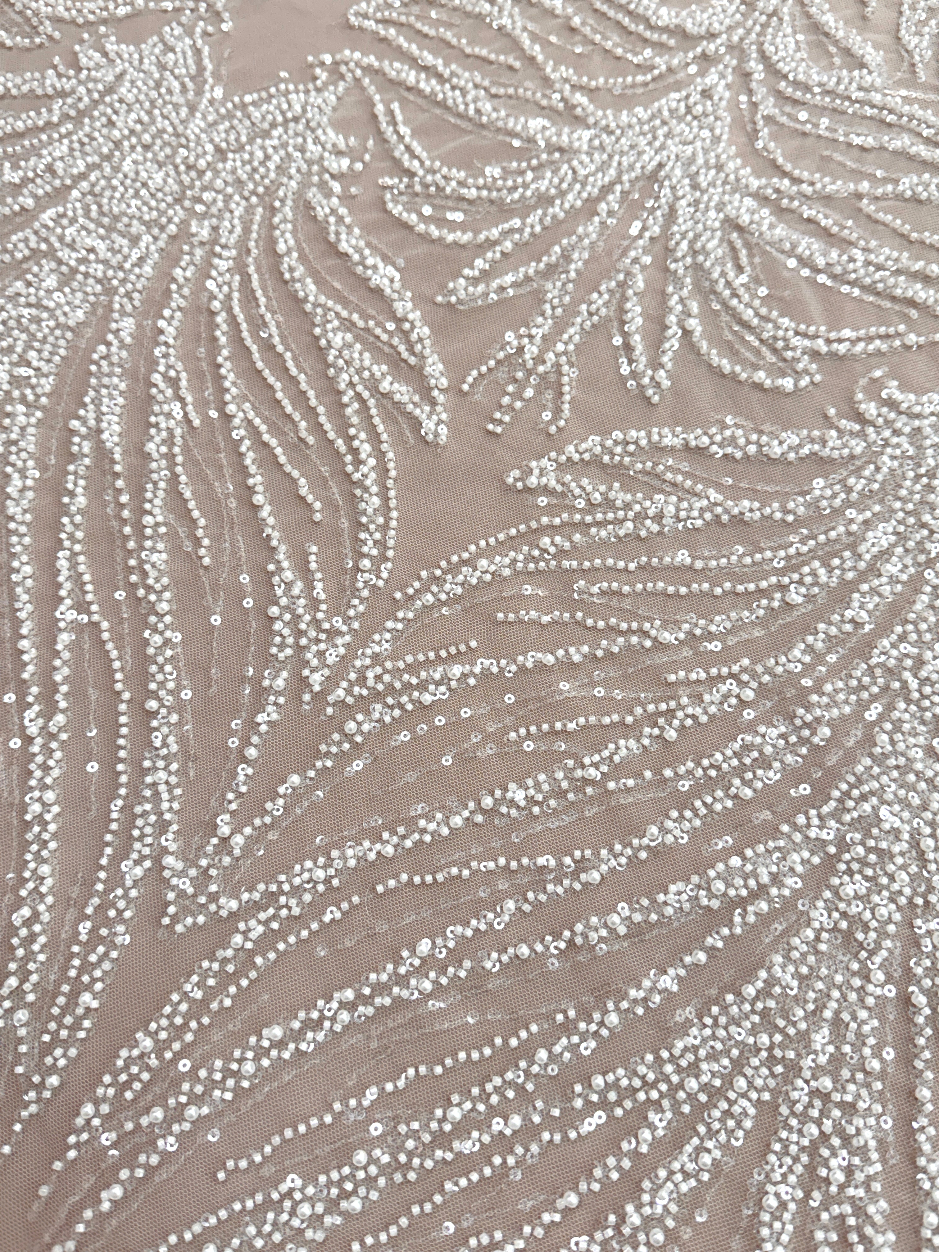 Dantela Couture Ivory cu Model Geometric, cu Perle, Margele si Paiete
