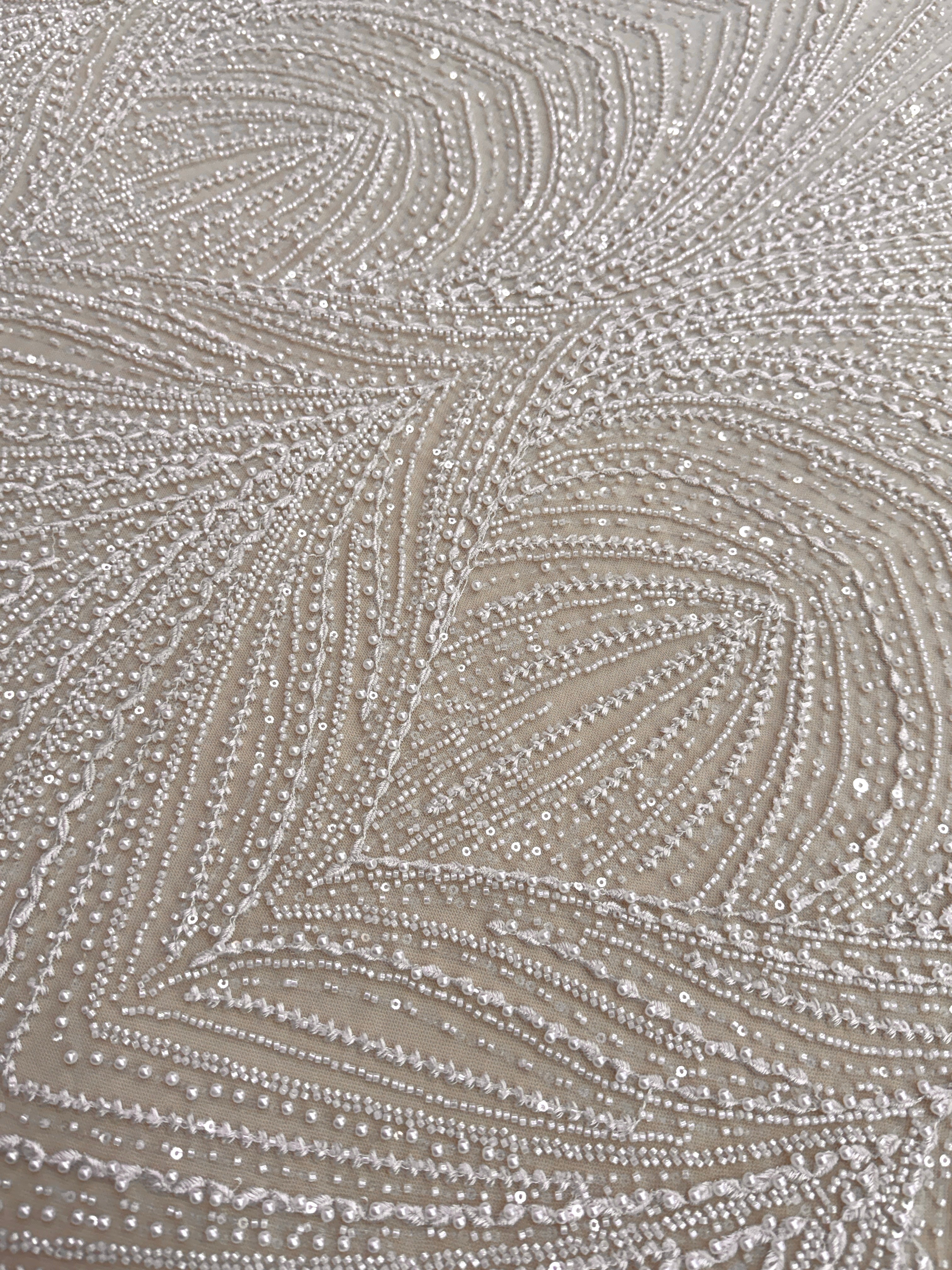 Dantela Couture Ivory cu Model Geometric, cu Perle, Margele si Paiete