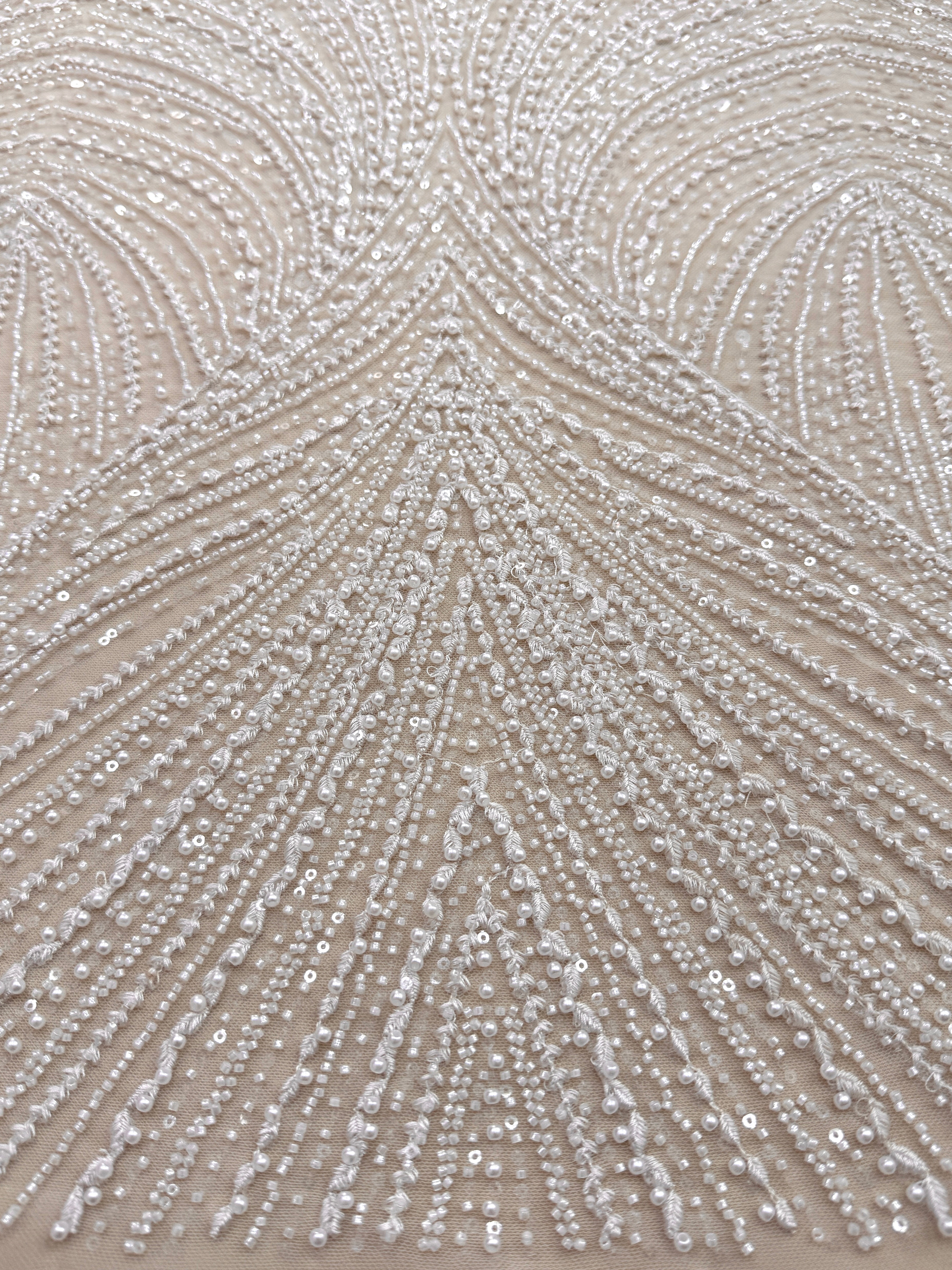 Dantela Couture Ivory cu Model Geometric, cu Perle, Margele si Paiete