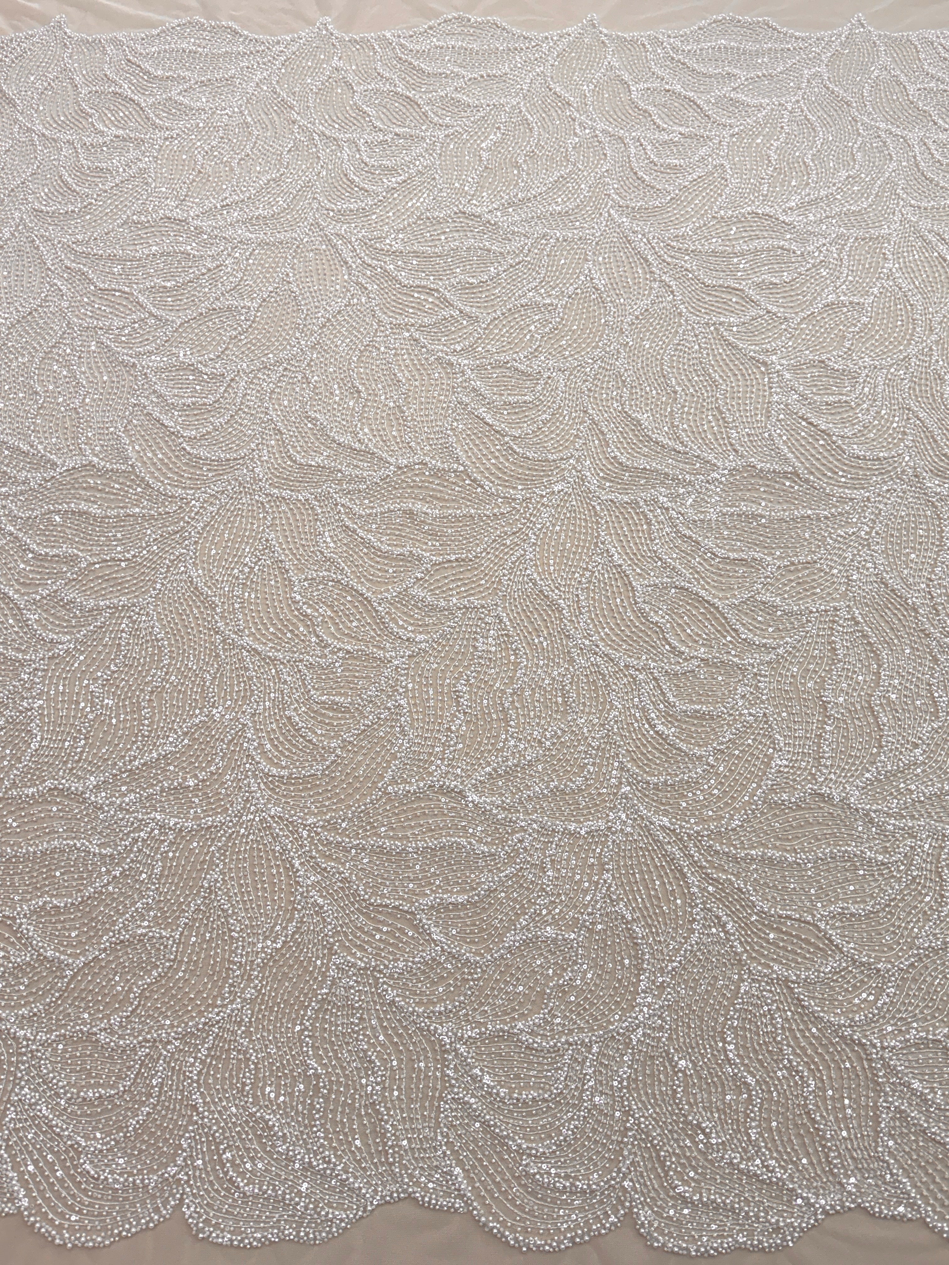 Dantela Couture Ivory cu Model Geometric, cu Perle, Margele si Paiete