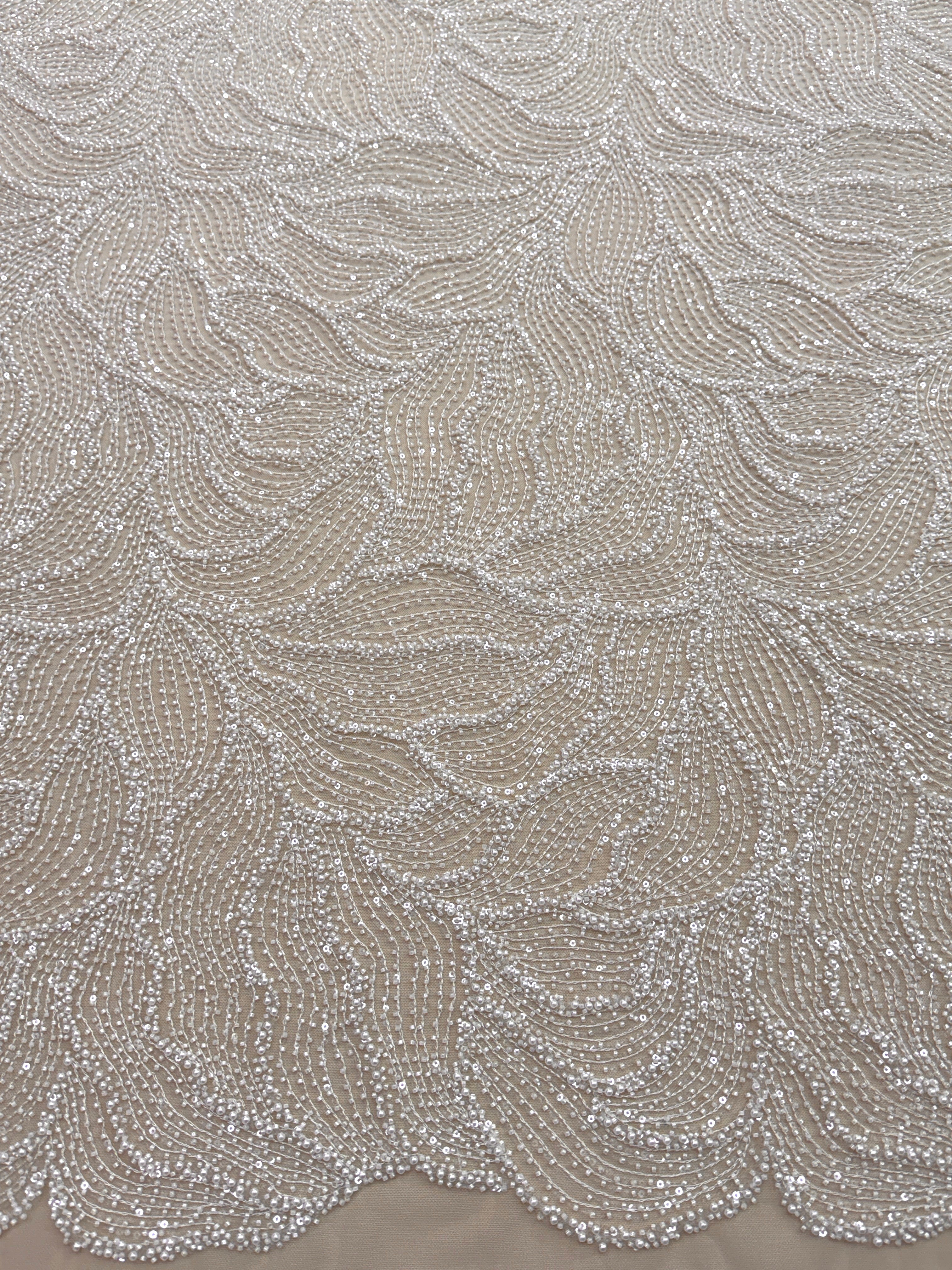 Dantela Couture Ivory cu Model Geometric, cu Perle, Margele si Paiete