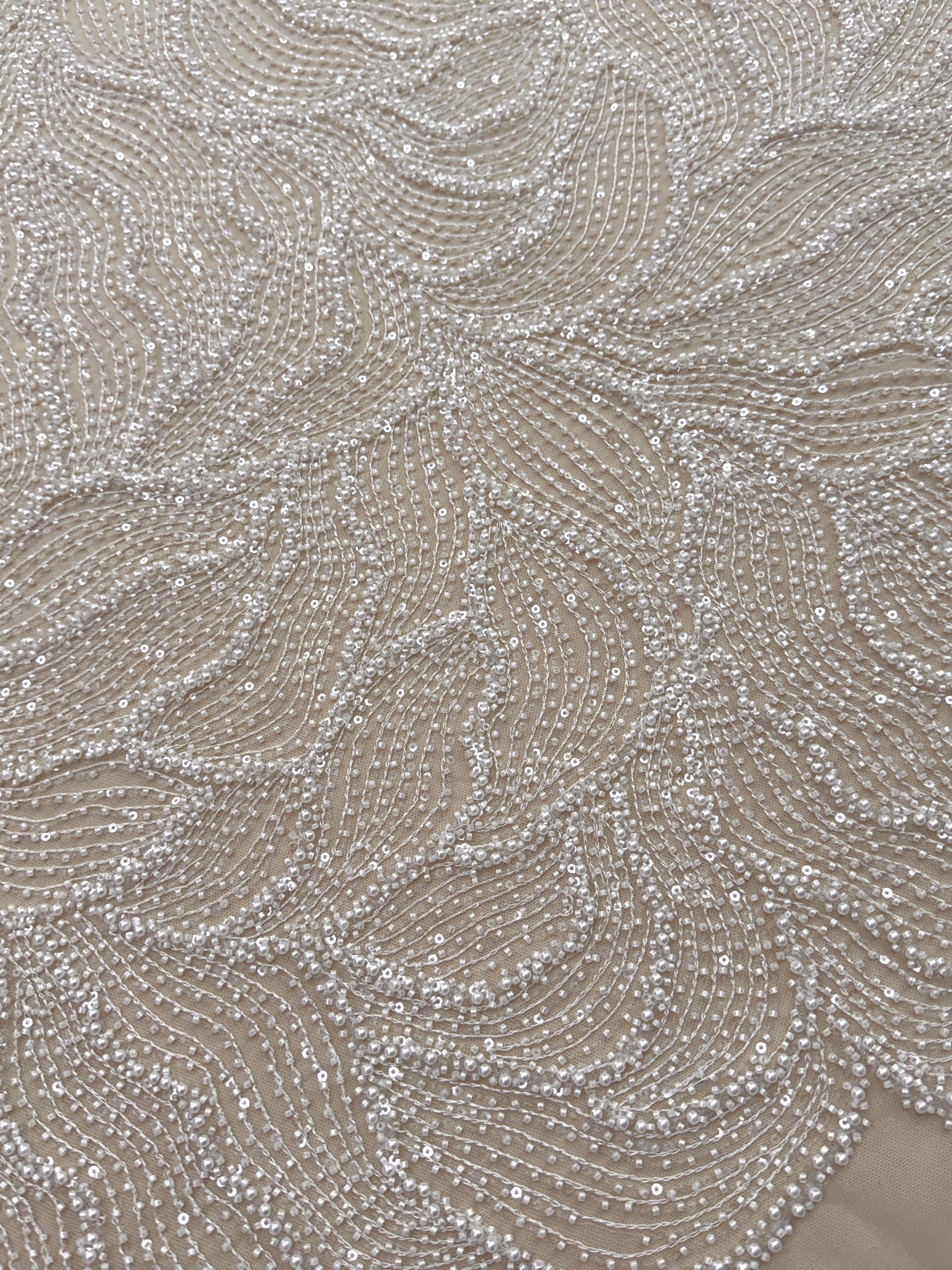 Dantela Couture Ivory cu Model Geometric, cu Perle, Margele si Paiete