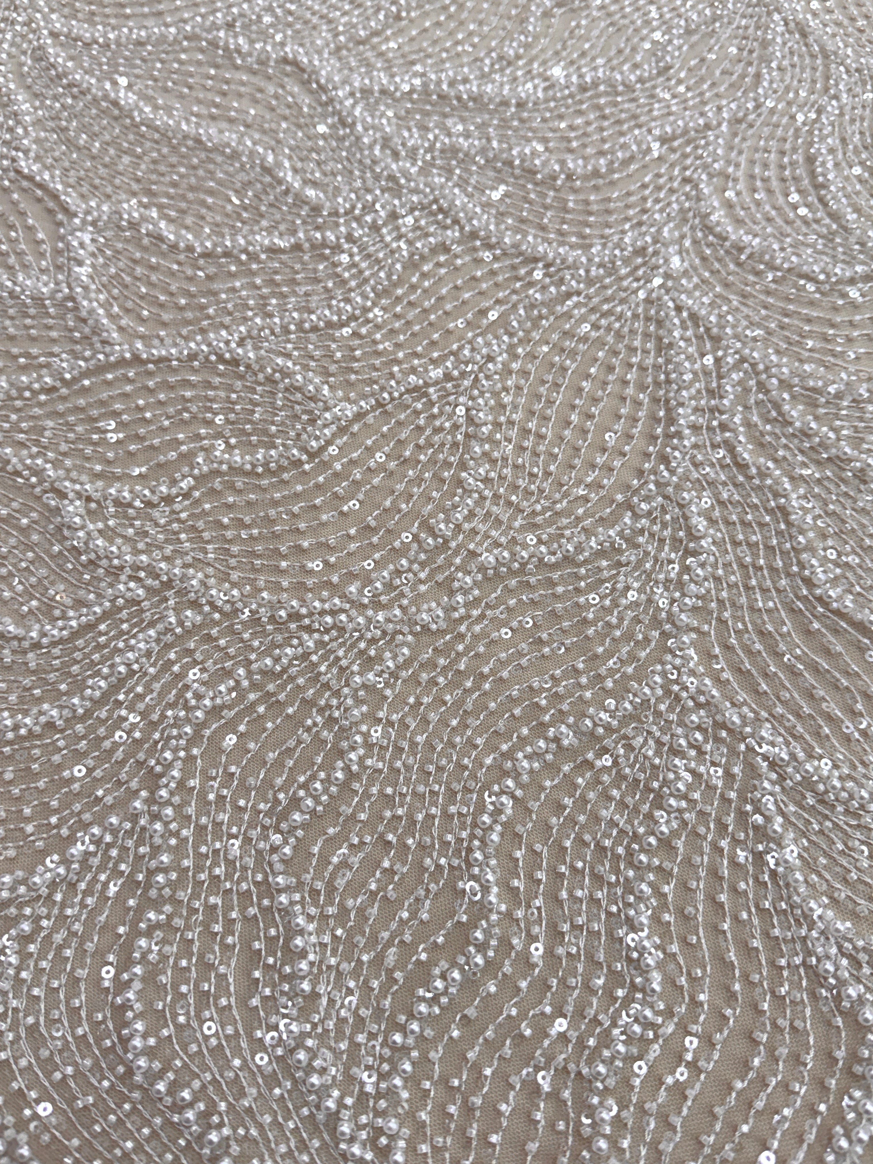 Dantela Couture Ivory cu Model Geometric, cu Perle, Margele si Paiete