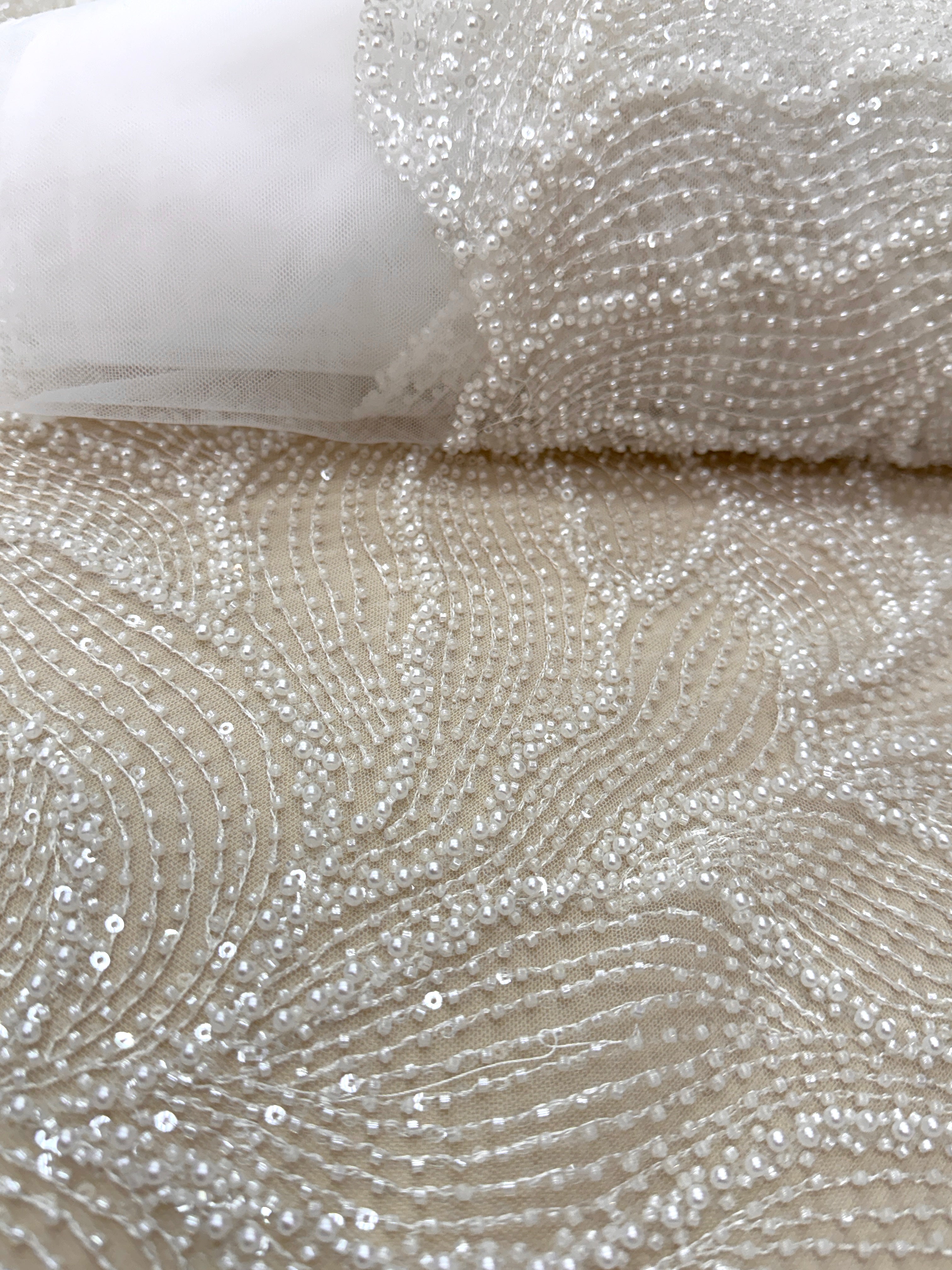 Dantela Couture Ivory cu Model Geometric, cu Perle, Margele si Paiete
