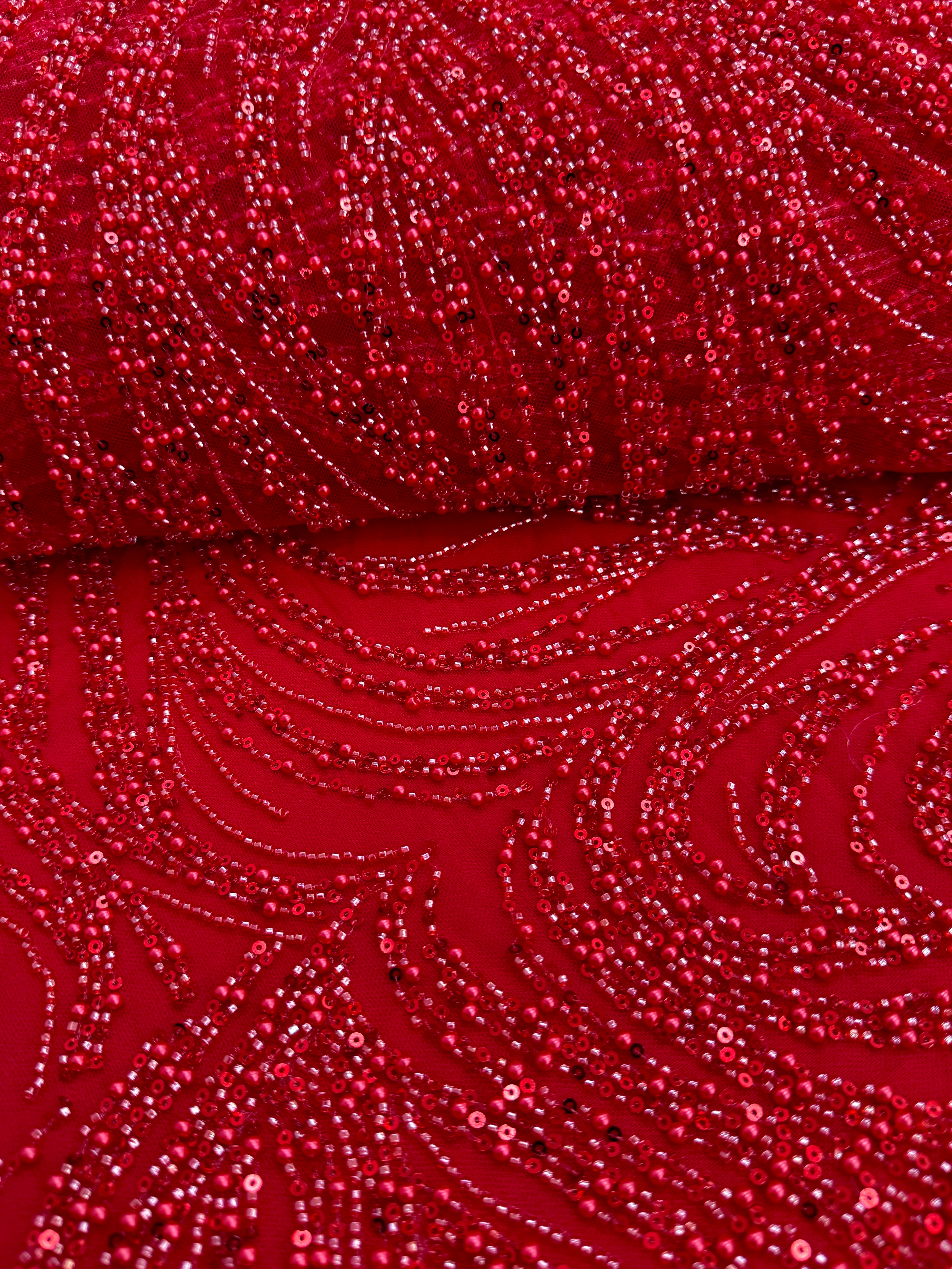 Dantela Couture Rosie cu Model Geometric, cu Perle, Margele si Paiete