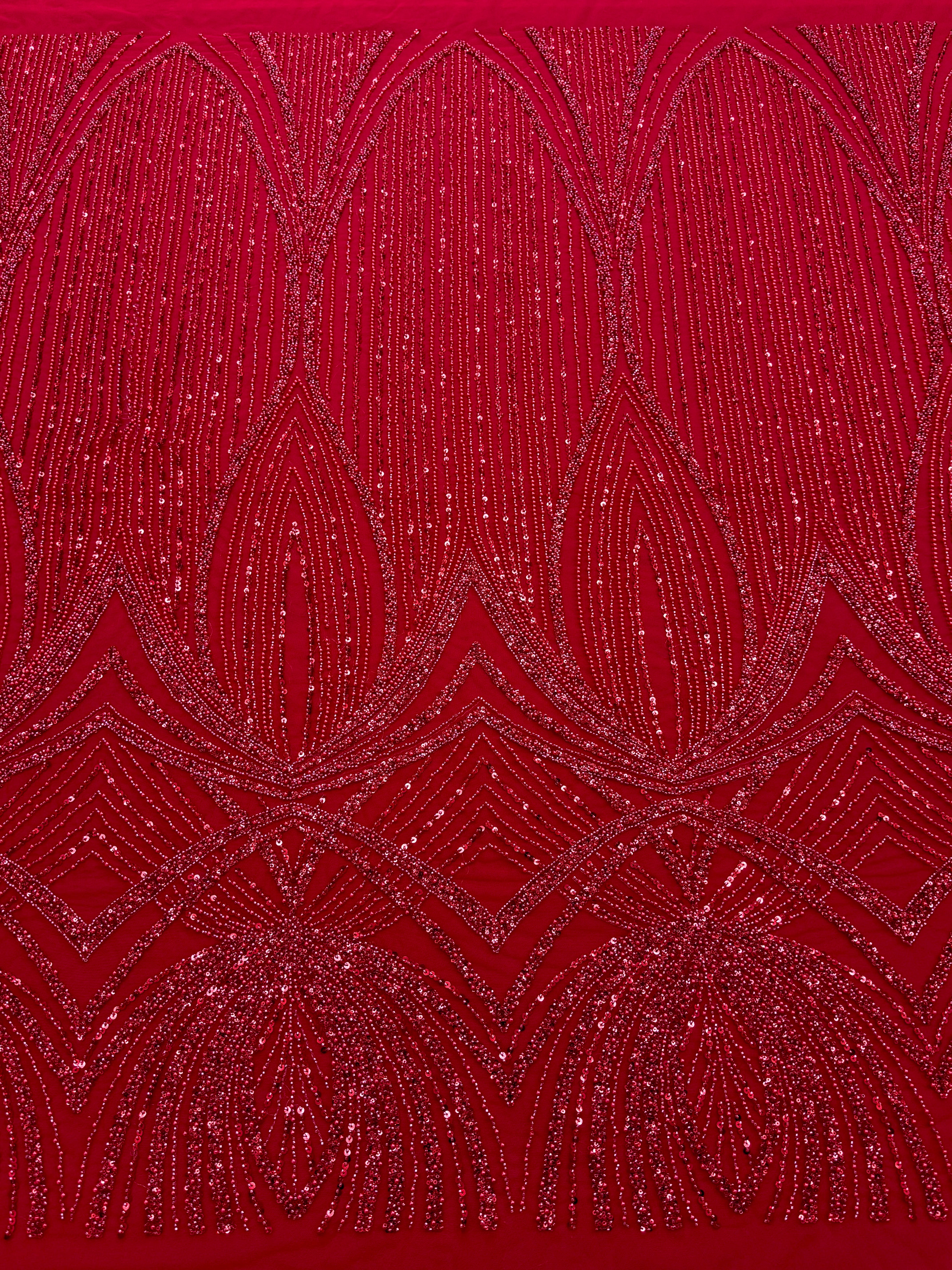 Dantela Couture Rosie cu Model Geometric, cu Perle, Margele si Paiete