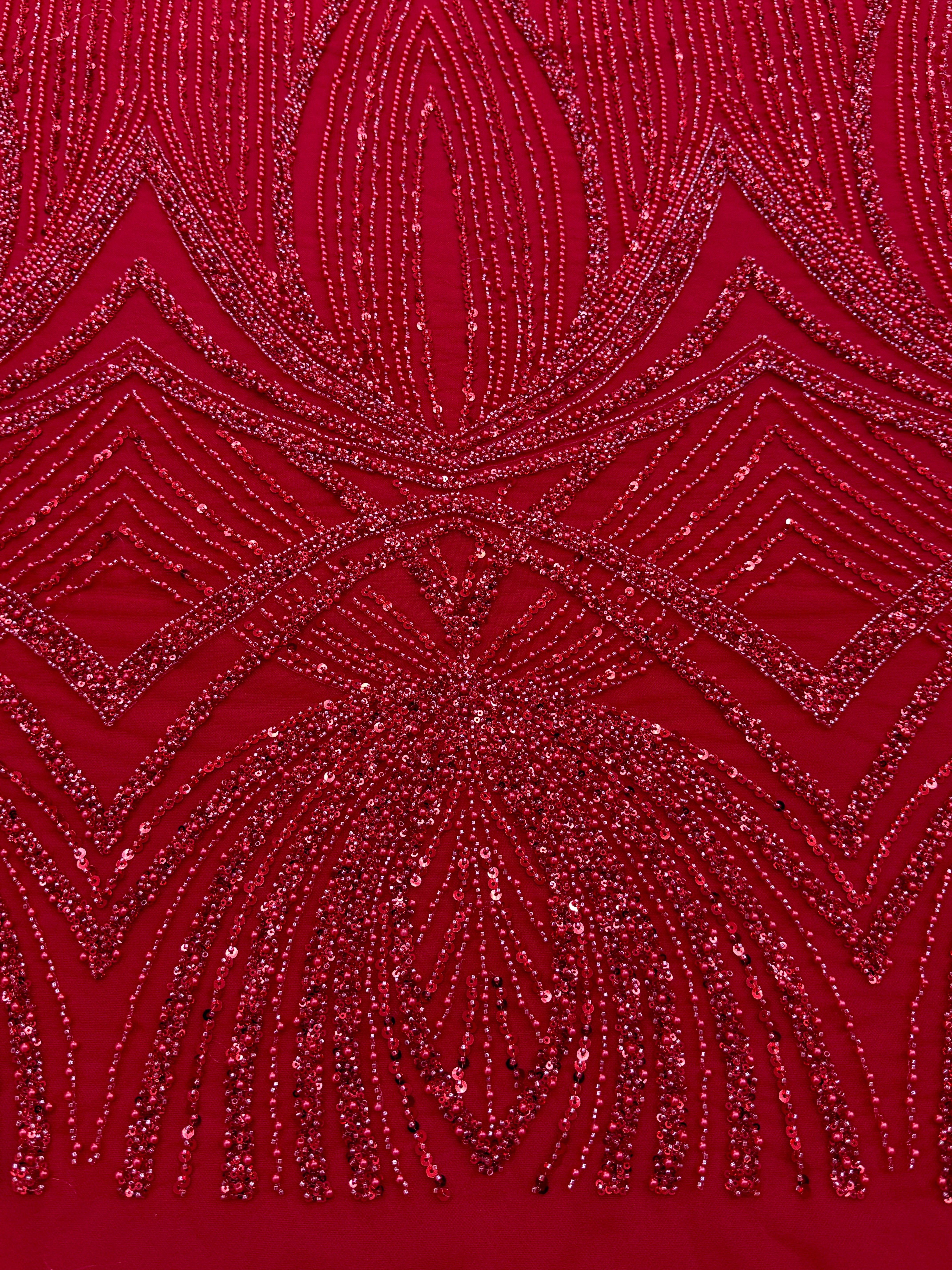 Dantela Couture Rosie cu Model Geometric, cu Perle, Margele si Paiete