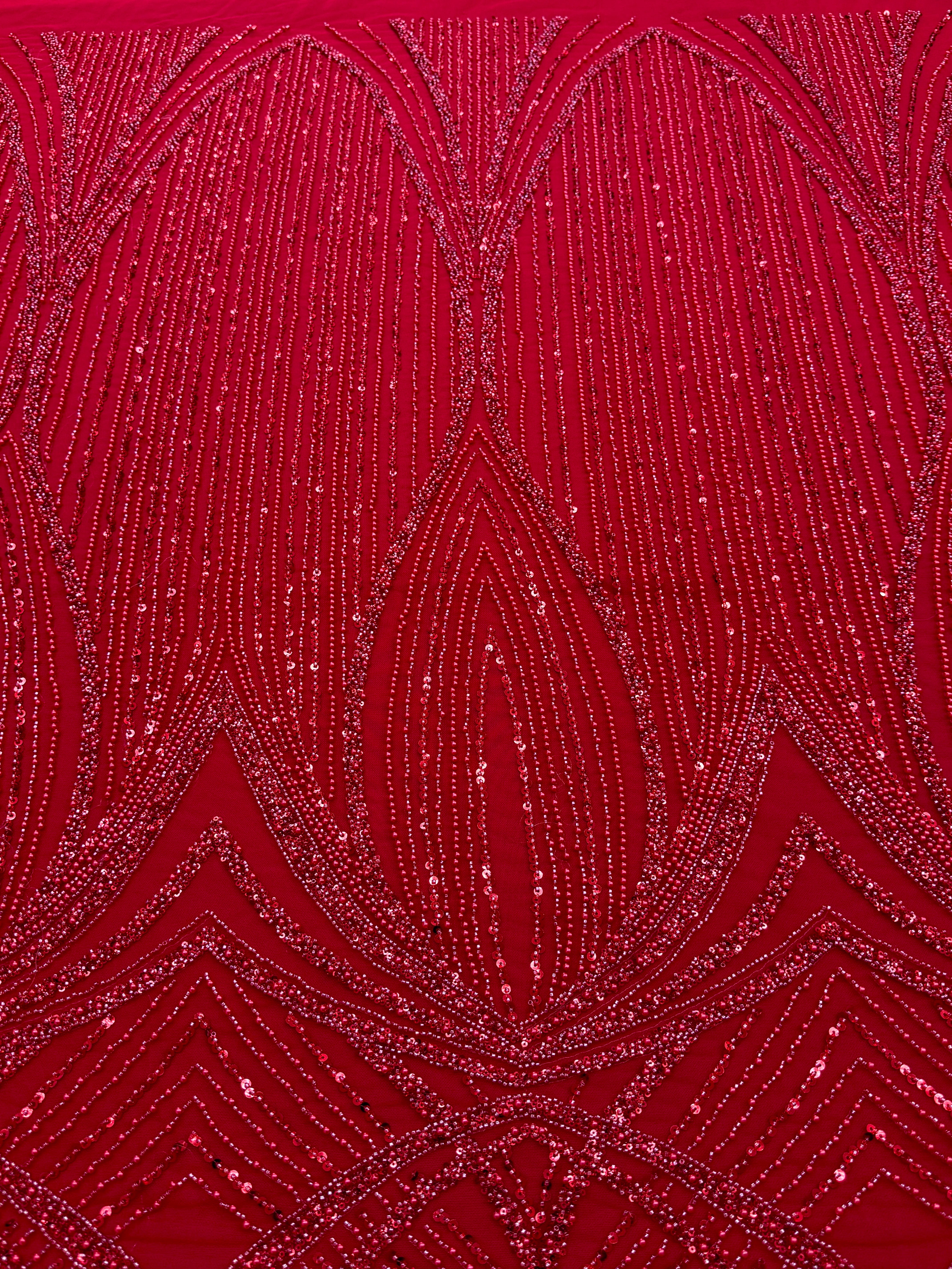 Dantela Couture Rosie cu Model Geometric, cu Perle, Margele si Paiete