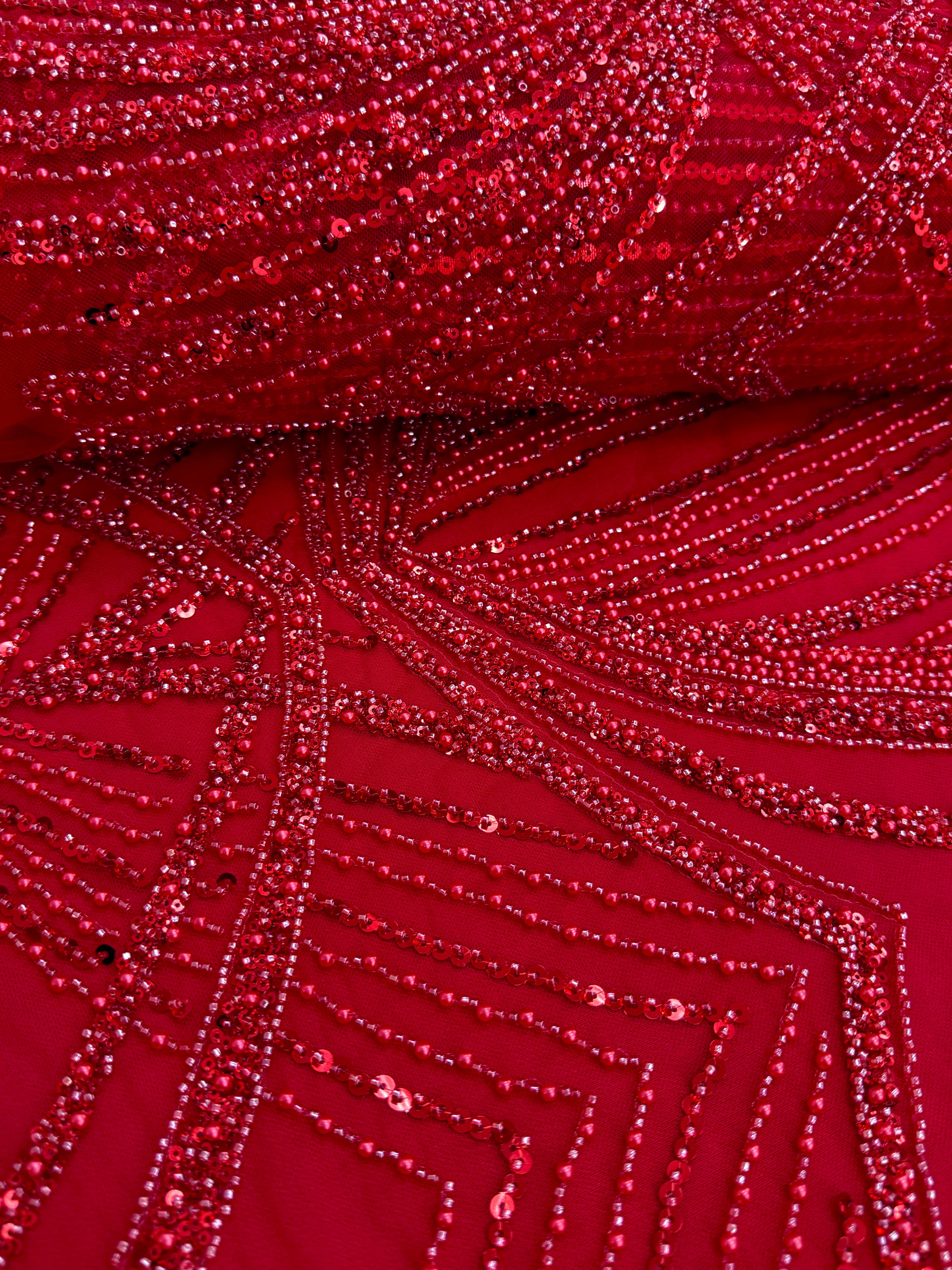 Dantela Couture Rosie cu Model Geometric, cu Perle, Margele si Paiete