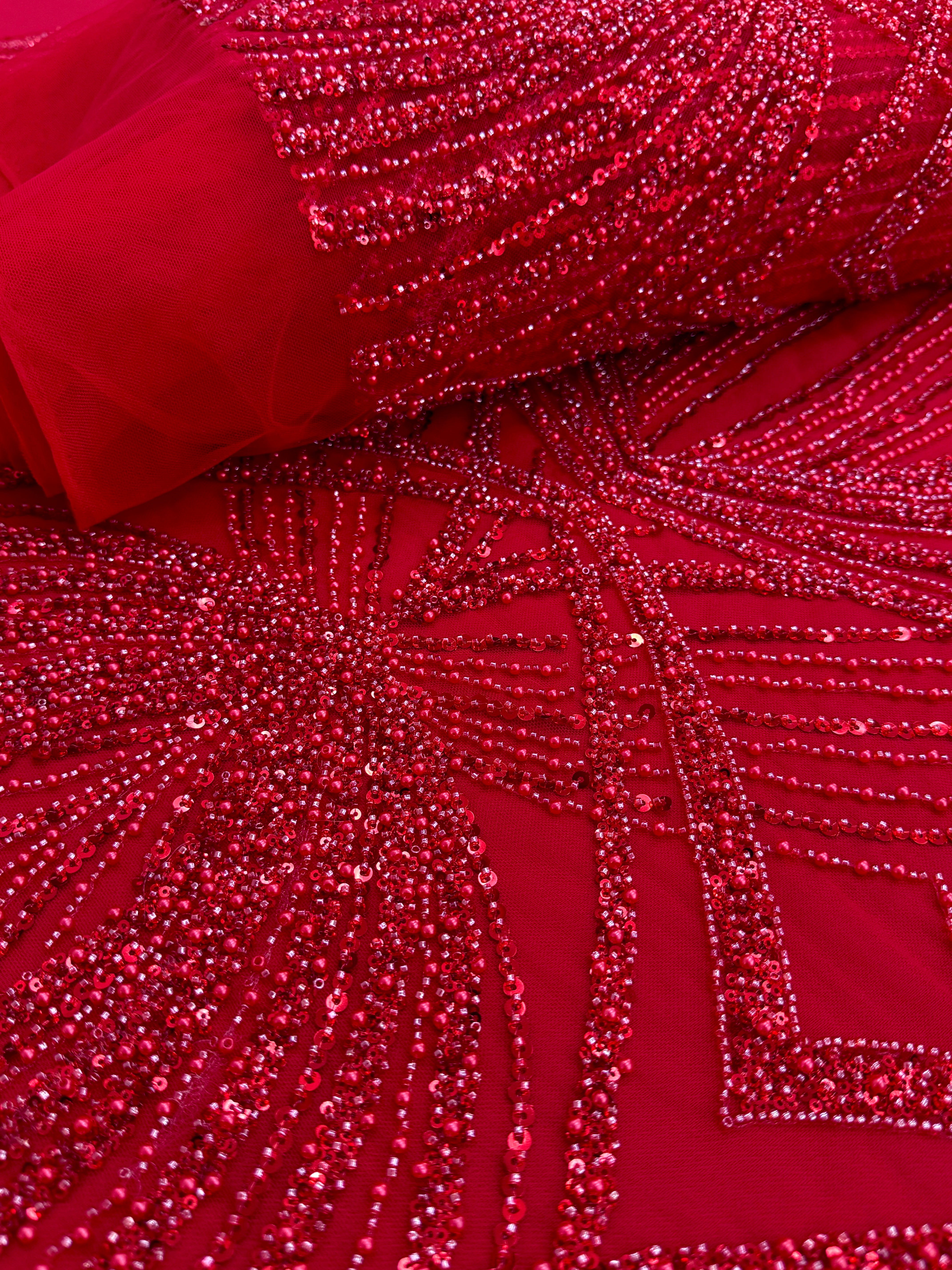 Dantela Couture Rosie cu Model Geometric, cu Perle, Margele si Paiete