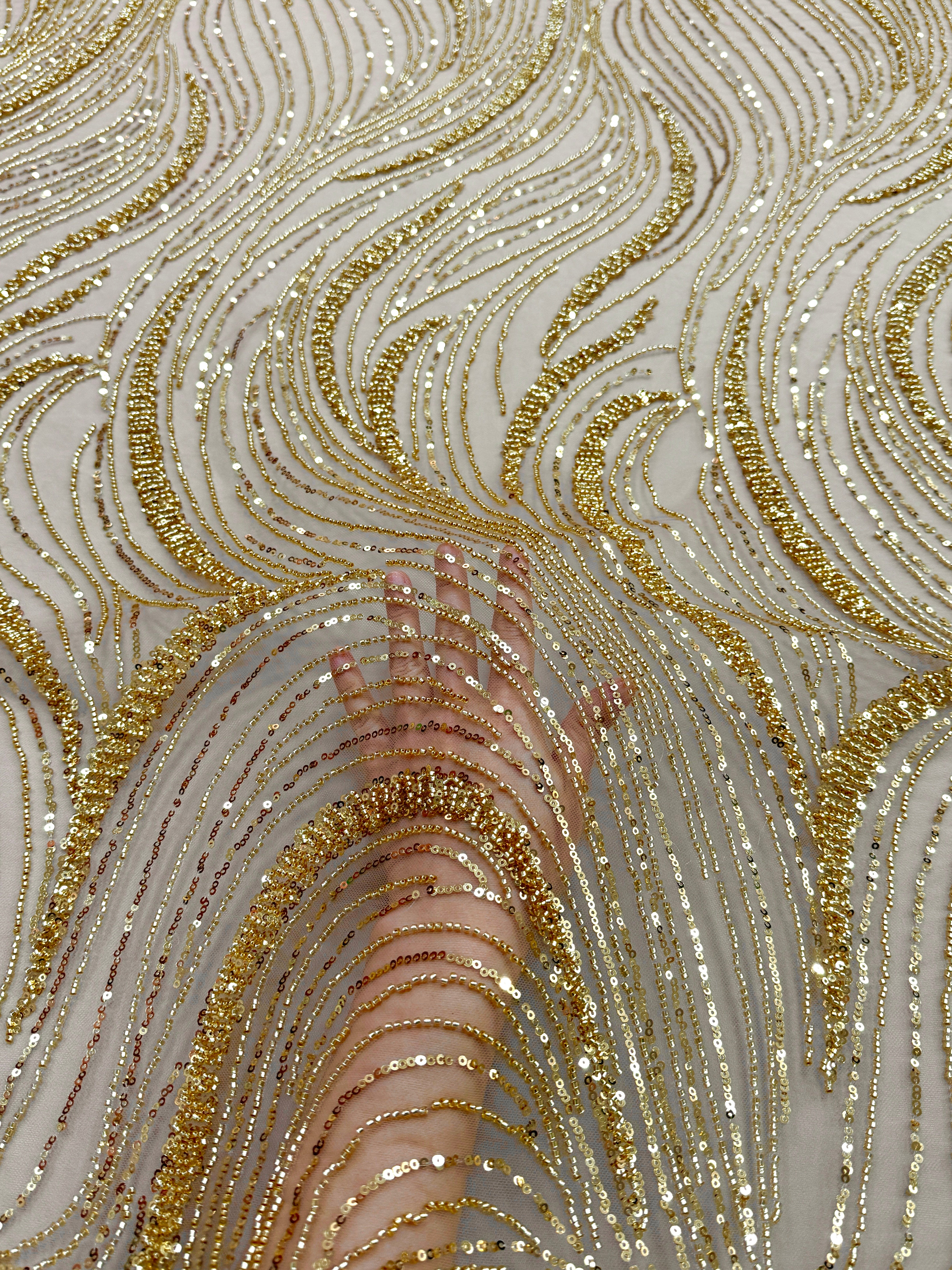 Dantela Couture Aurie cu Model Geometric, cu Margele si Paiete