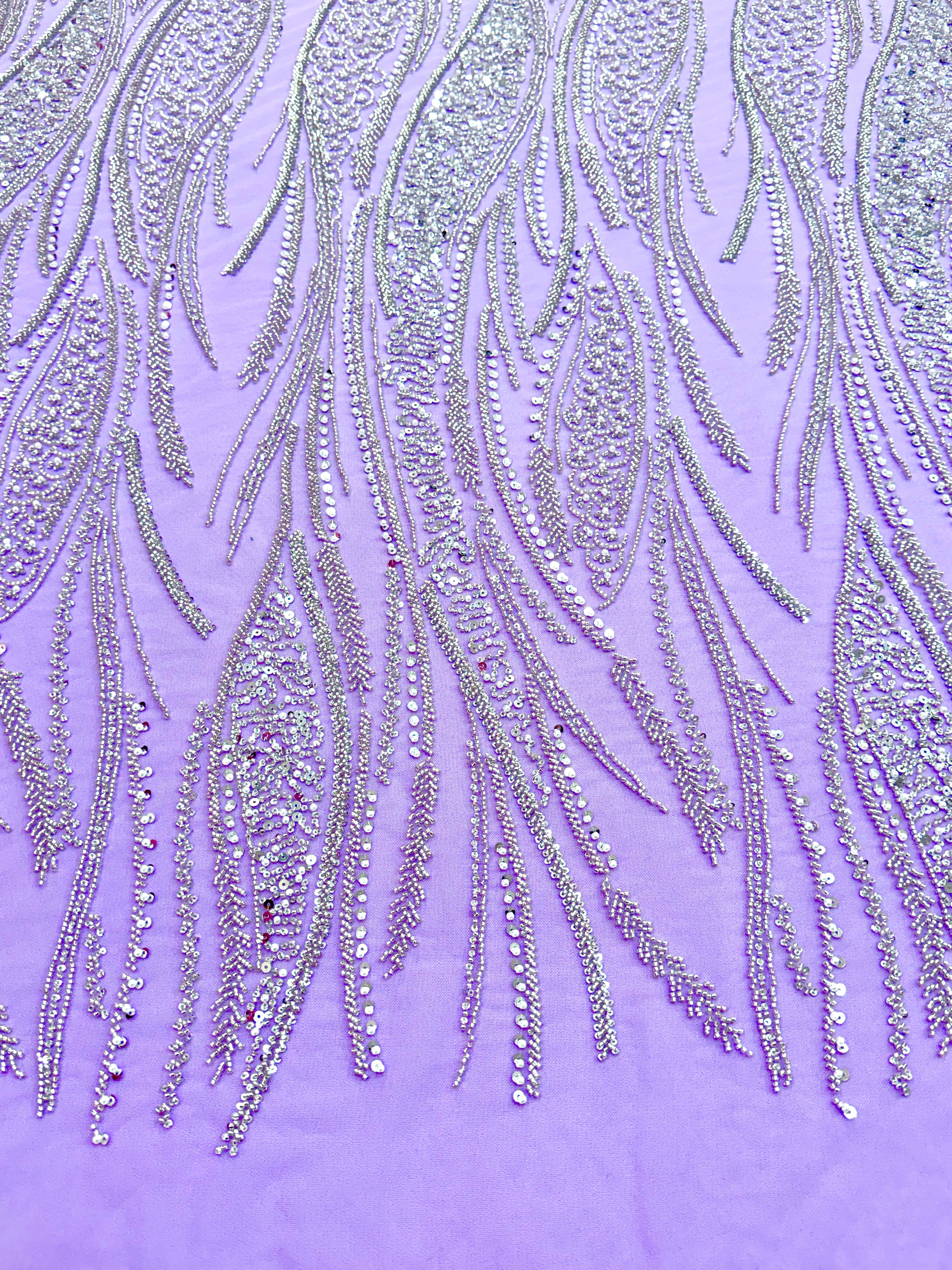 Dantela Couture Argintie pe Tulle Lavanda cu Panou, cu Perle, Margele si Paiete
