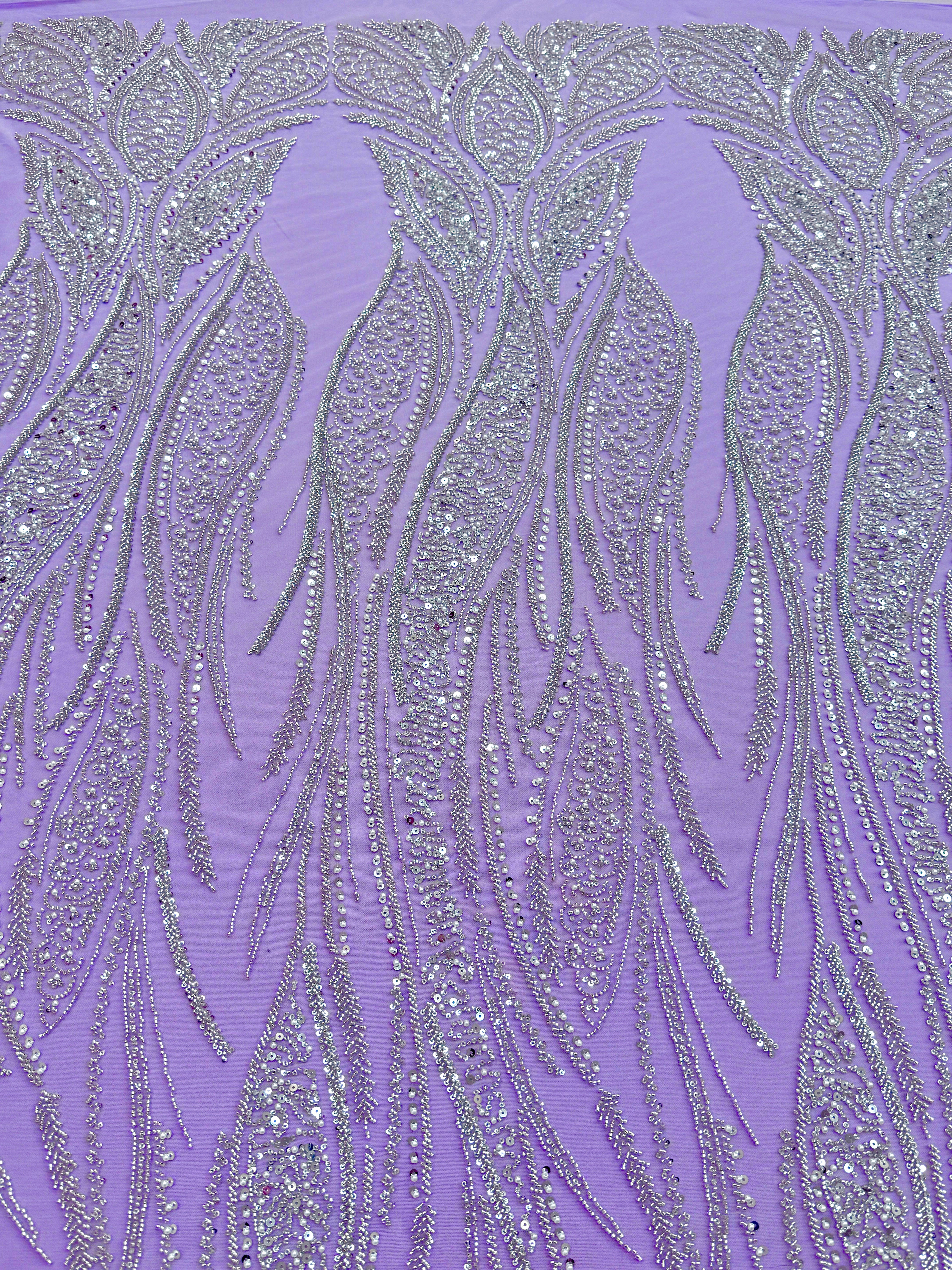 Dantela Couture Argintie pe Tulle Lavanda cu Panou, cu Perle, Margele si Paiete
