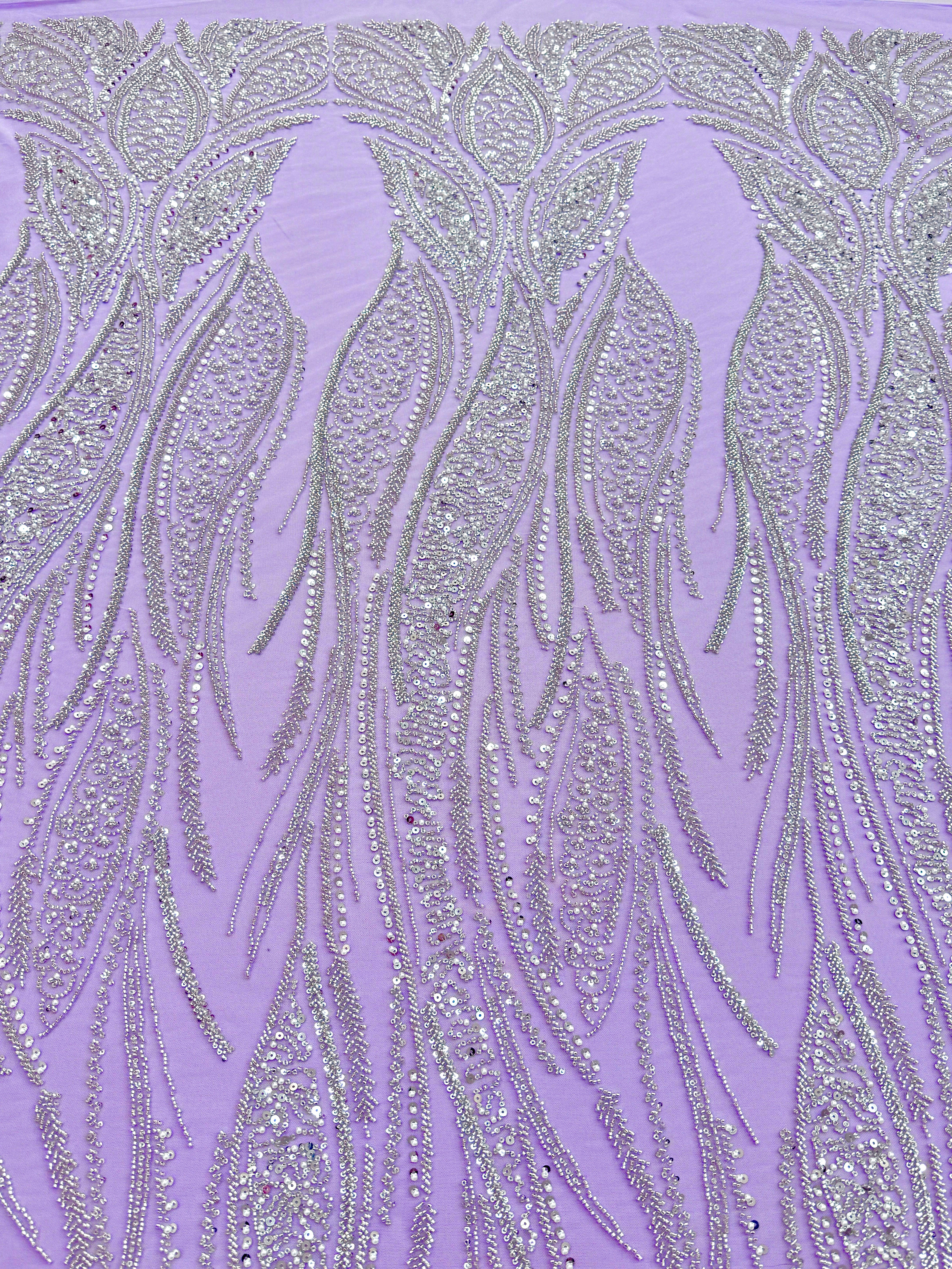Dantela Couture Argintie pe Tulle Lavanda cu Panou, cu Perle, Margele si Paiete