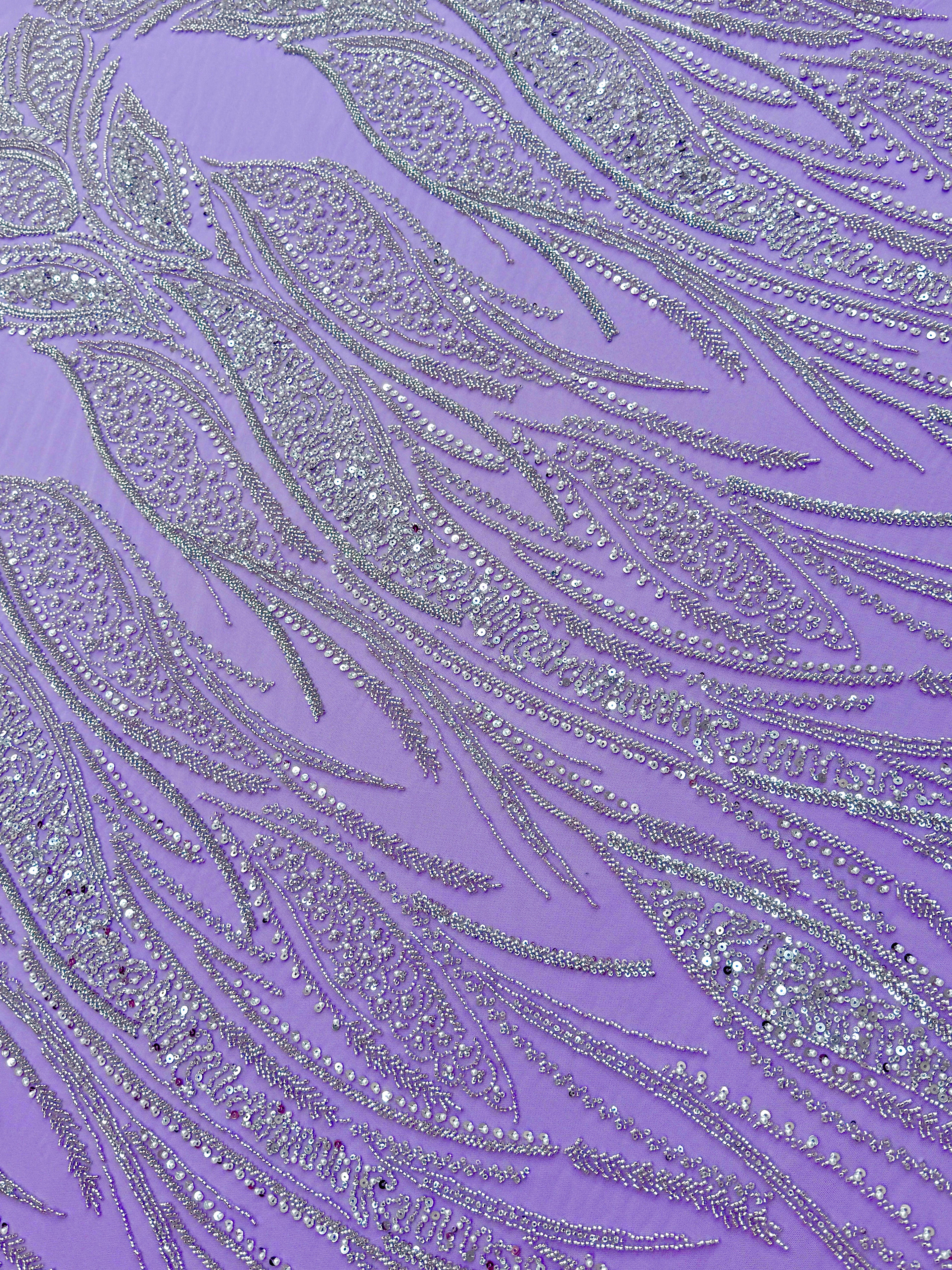 Dantela Couture Argintie pe Tulle Lavanda cu Panou, cu Perle, Margele si Paiete