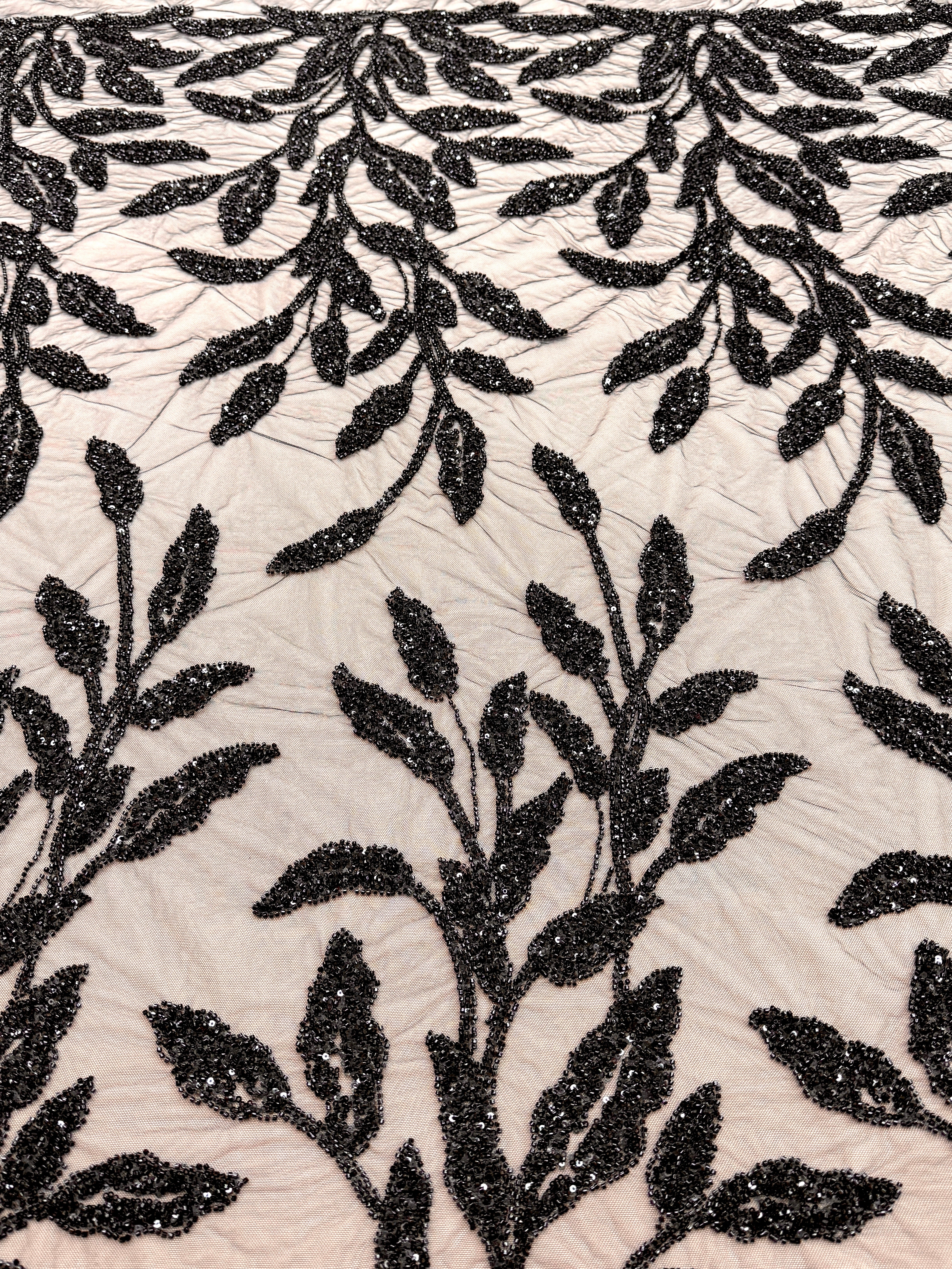 Dantela Couture Neagra cu Model Floral, cu Margele si Paiete