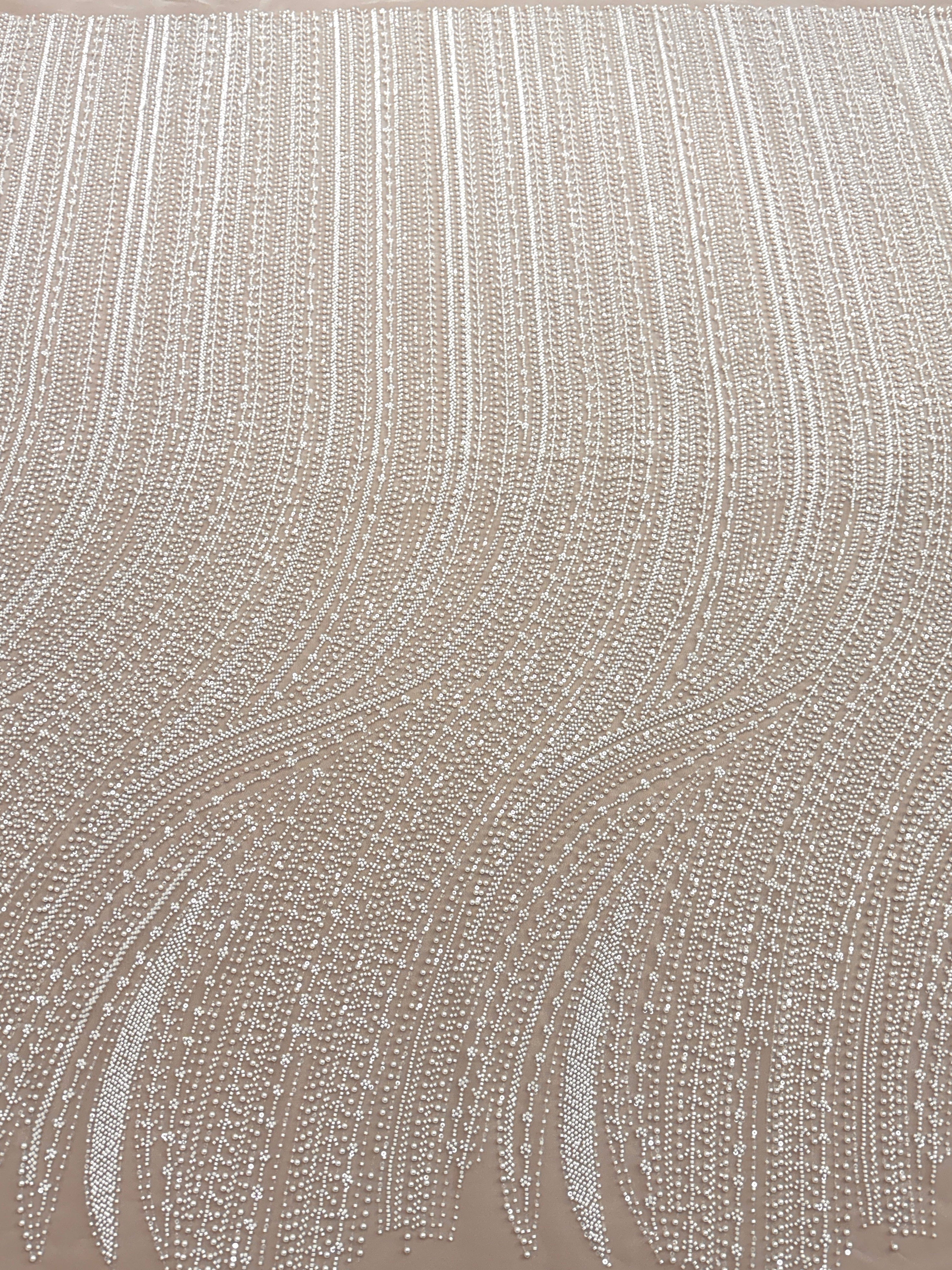 Dantela Couture Ivory cu Model Liniar, cu Perle, Margele si Paiete