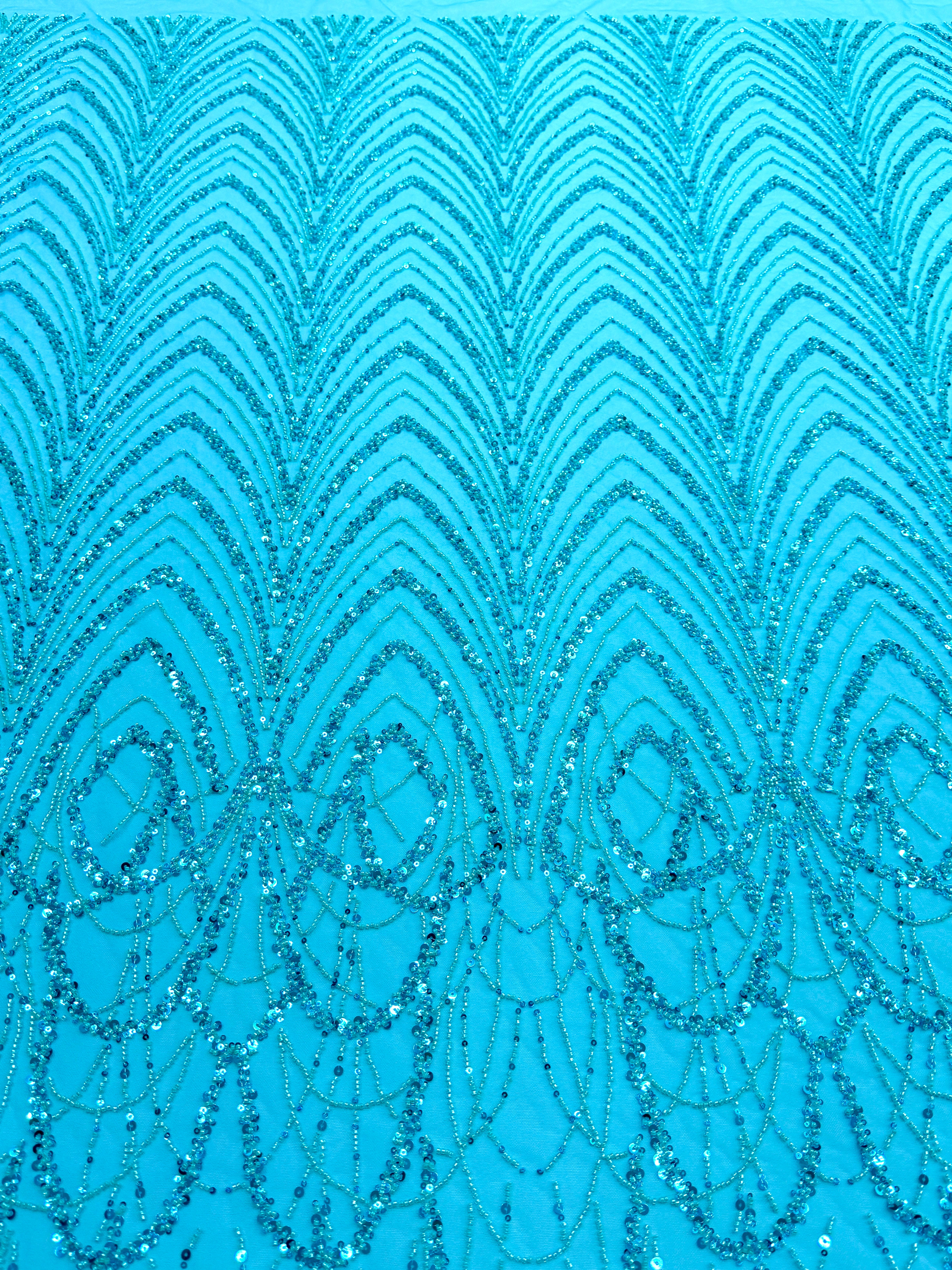Dantela Couture Turcoaz cu Model Geometric, cu Margele si Paiete