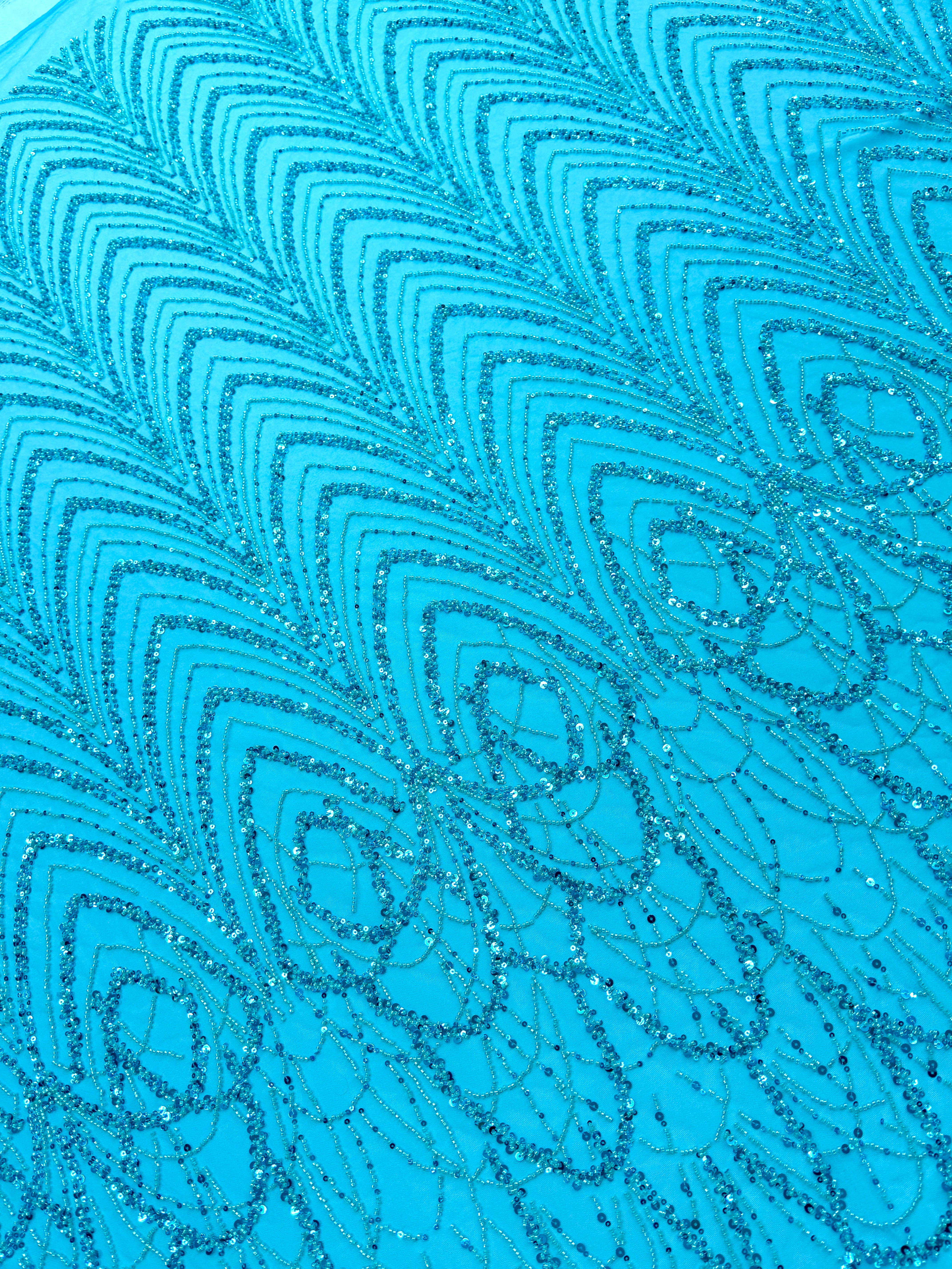 Dantela Couture Turcoaz cu Model Geometric, cu Margele si Paiete