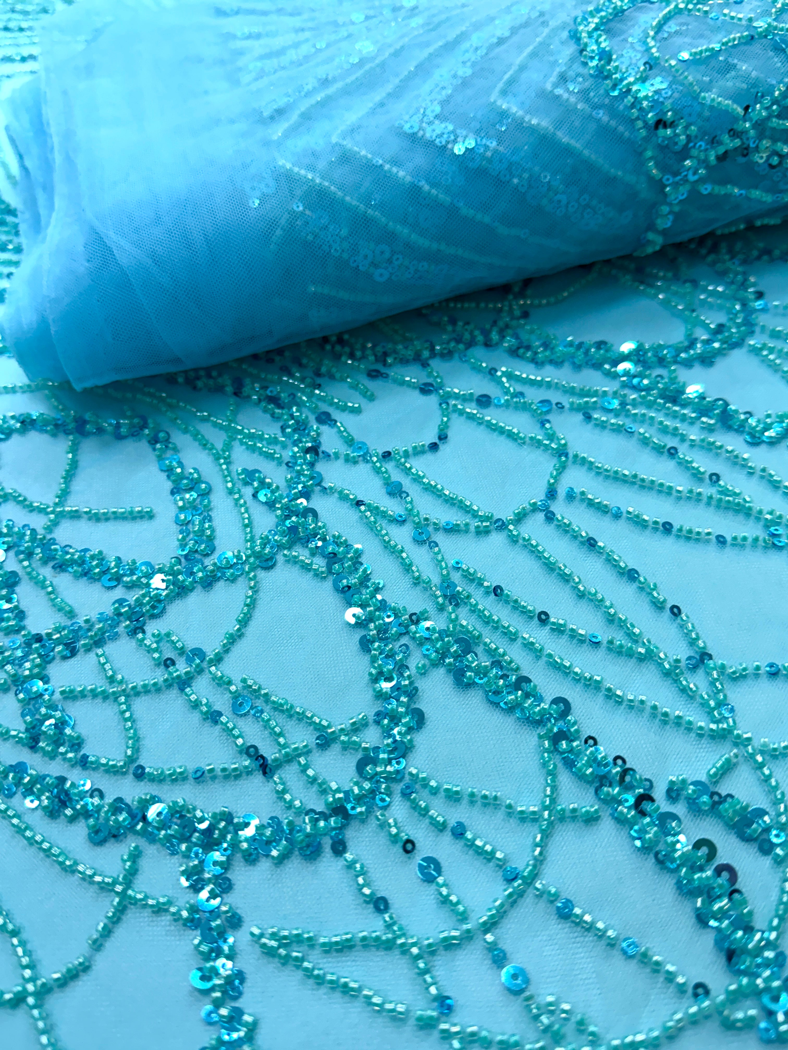 Dantela Couture Turcoaz cu Model Geometric, cu Margele si Paiete