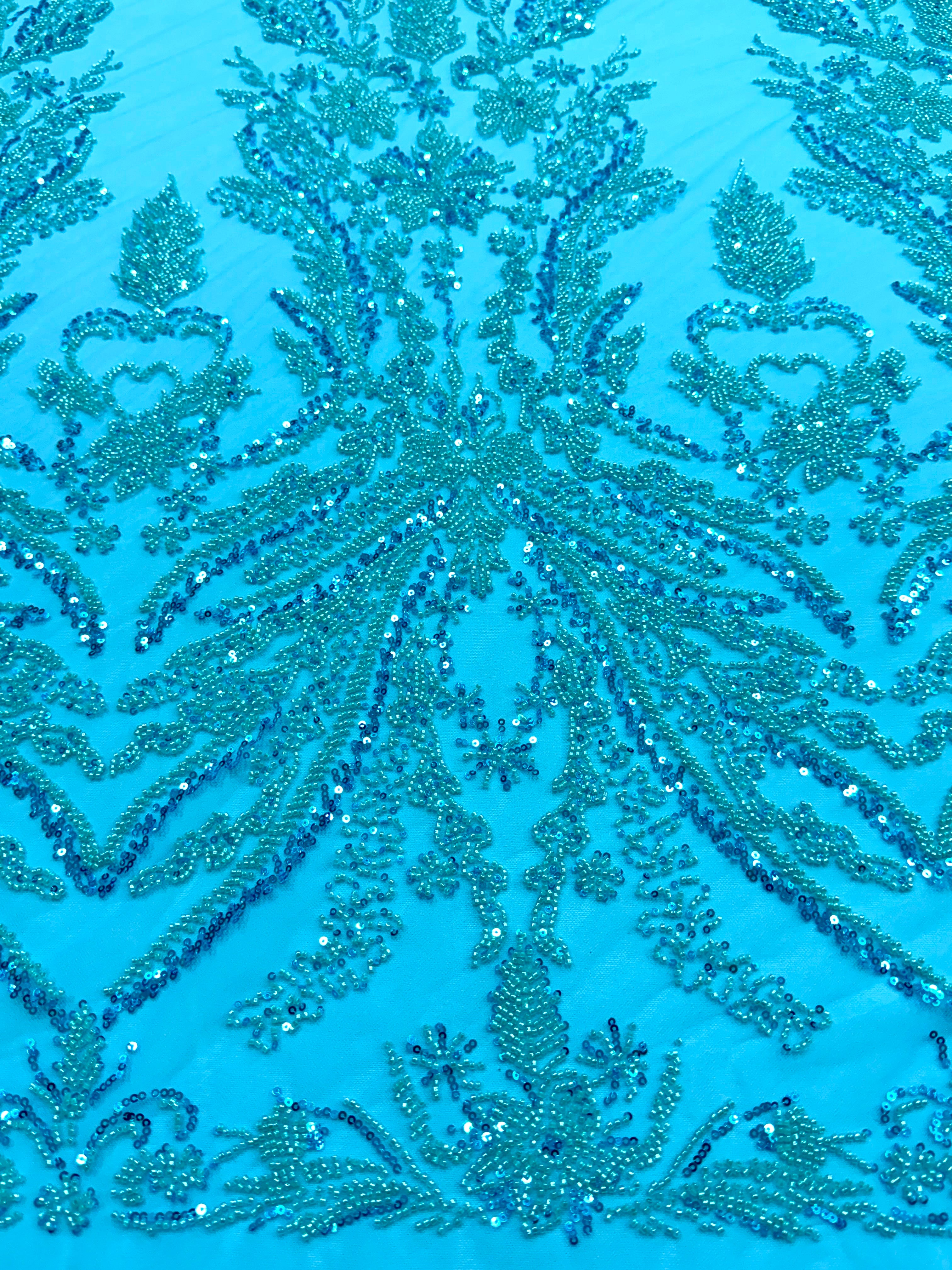 Dantela Couture Turcoaz cu Model Floral, cu Margele si Paiete