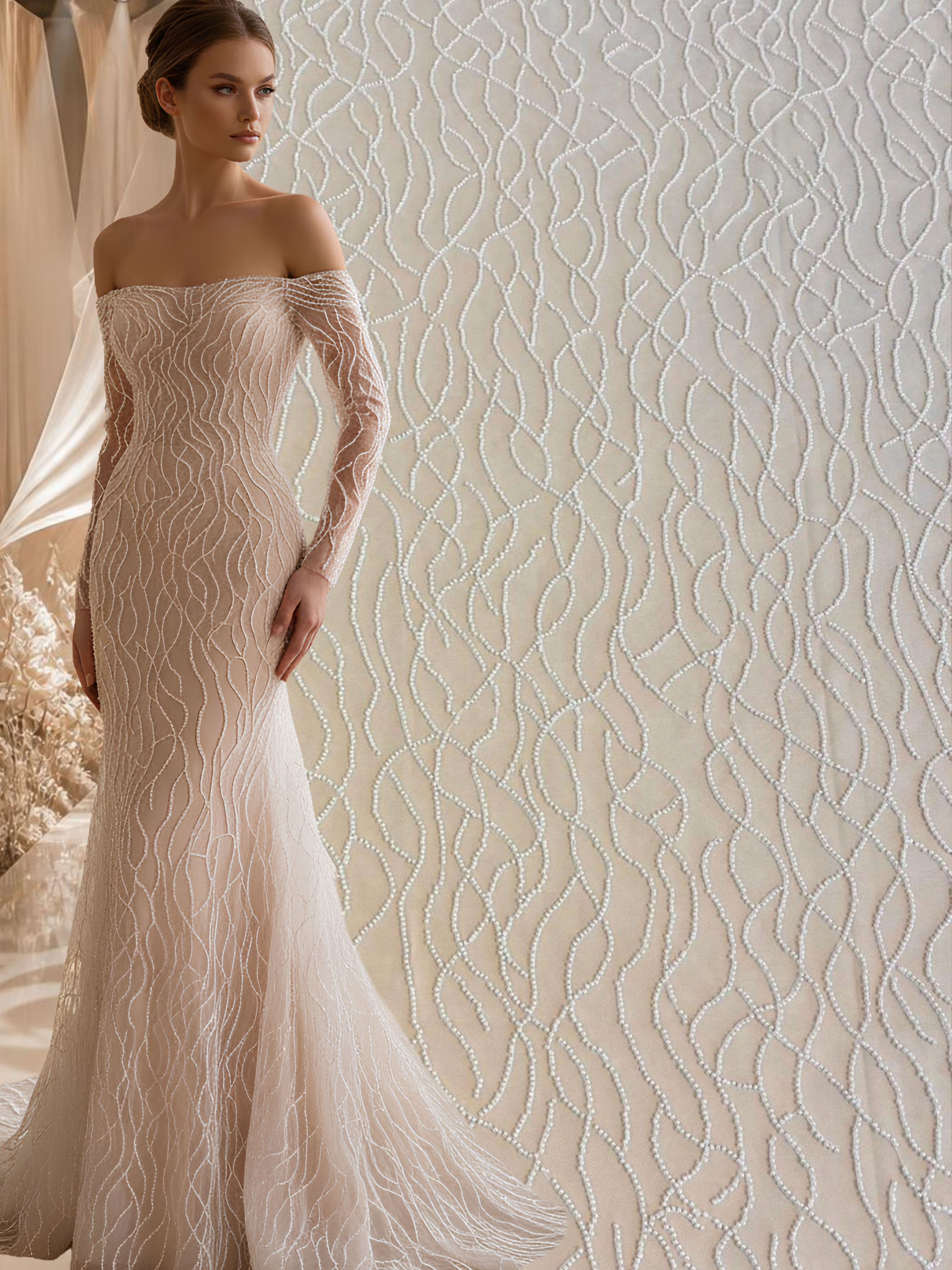 Dantela Couture Ivory cu Siraguri din Margele