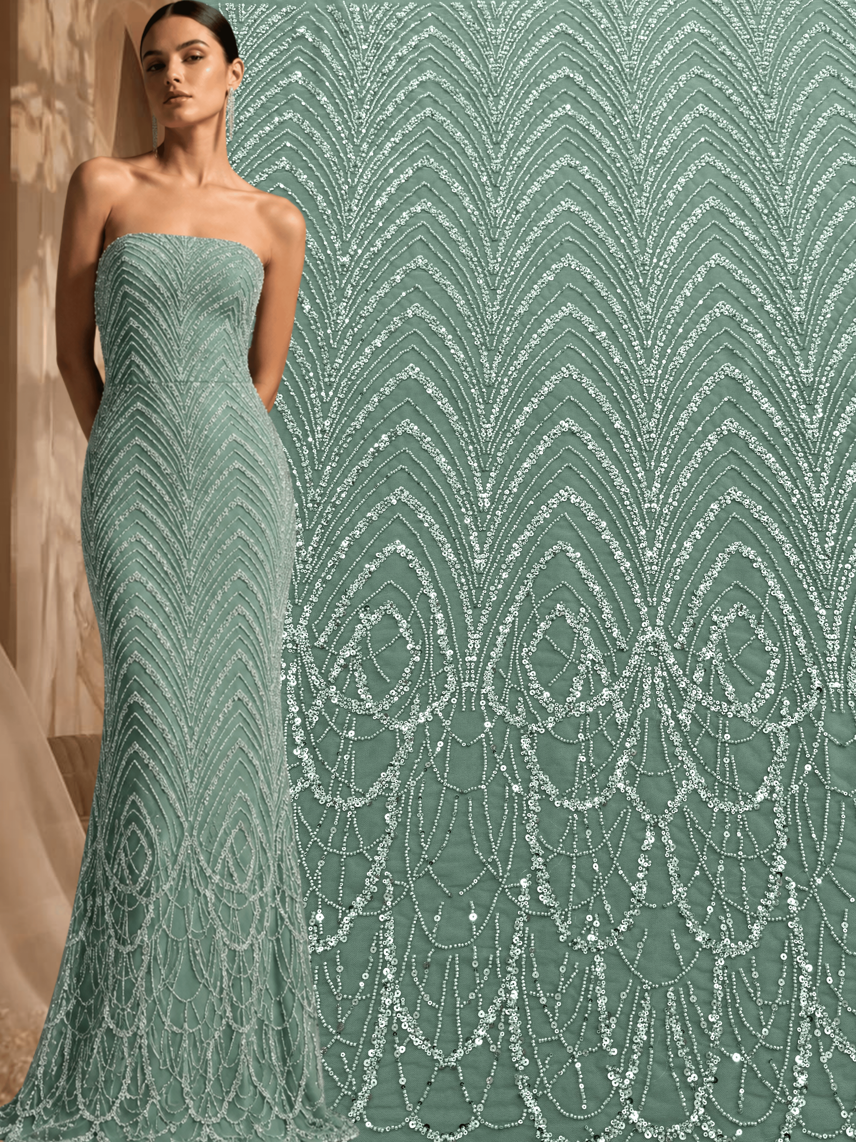 Dantela Couture Verde Prafuit cu Model Geometric cu Margele si Paiete