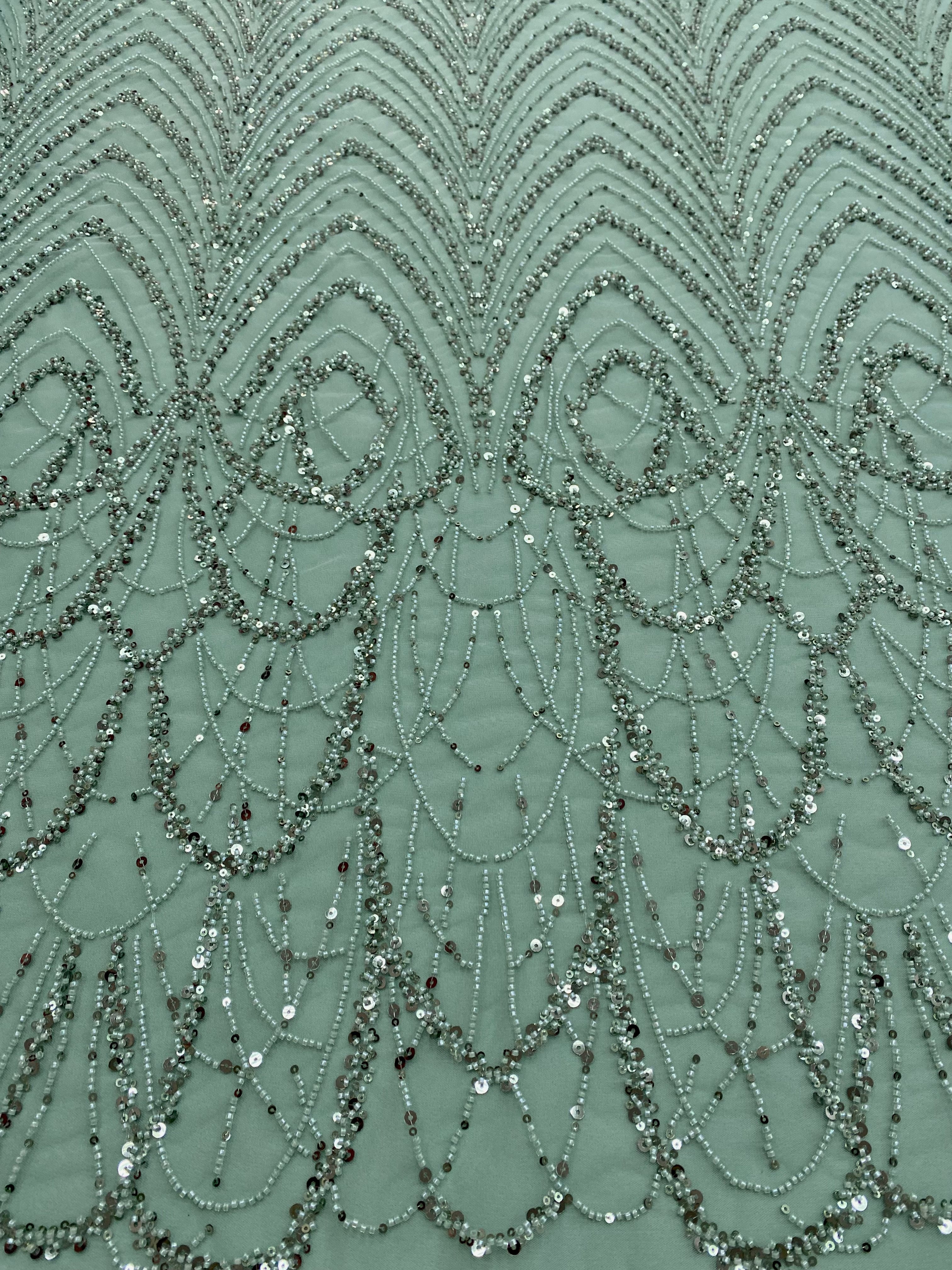 Dantela Couture Verde Prafuit cu Model Geometric cu Margele si Paiete