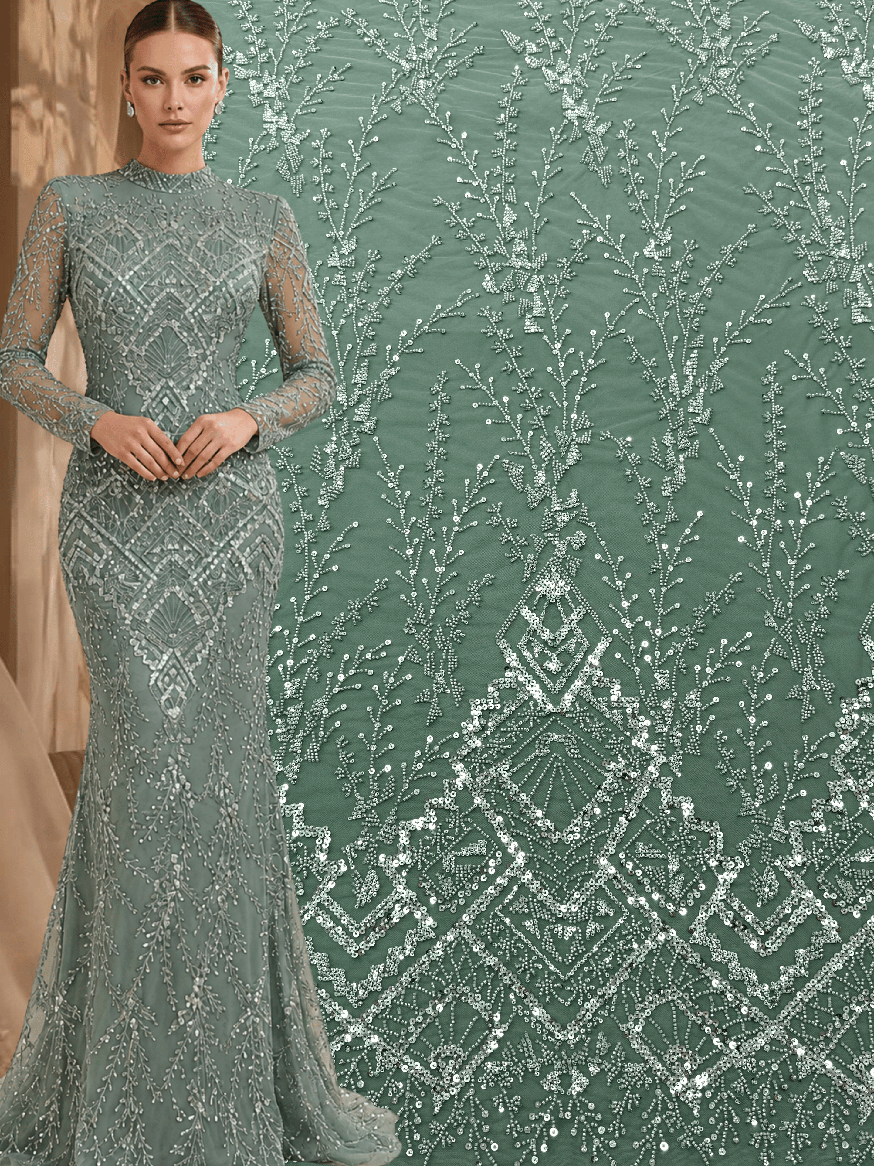 Dantela Couture Verde Prafuit cu Model Geometric, cu Margele si Paiete