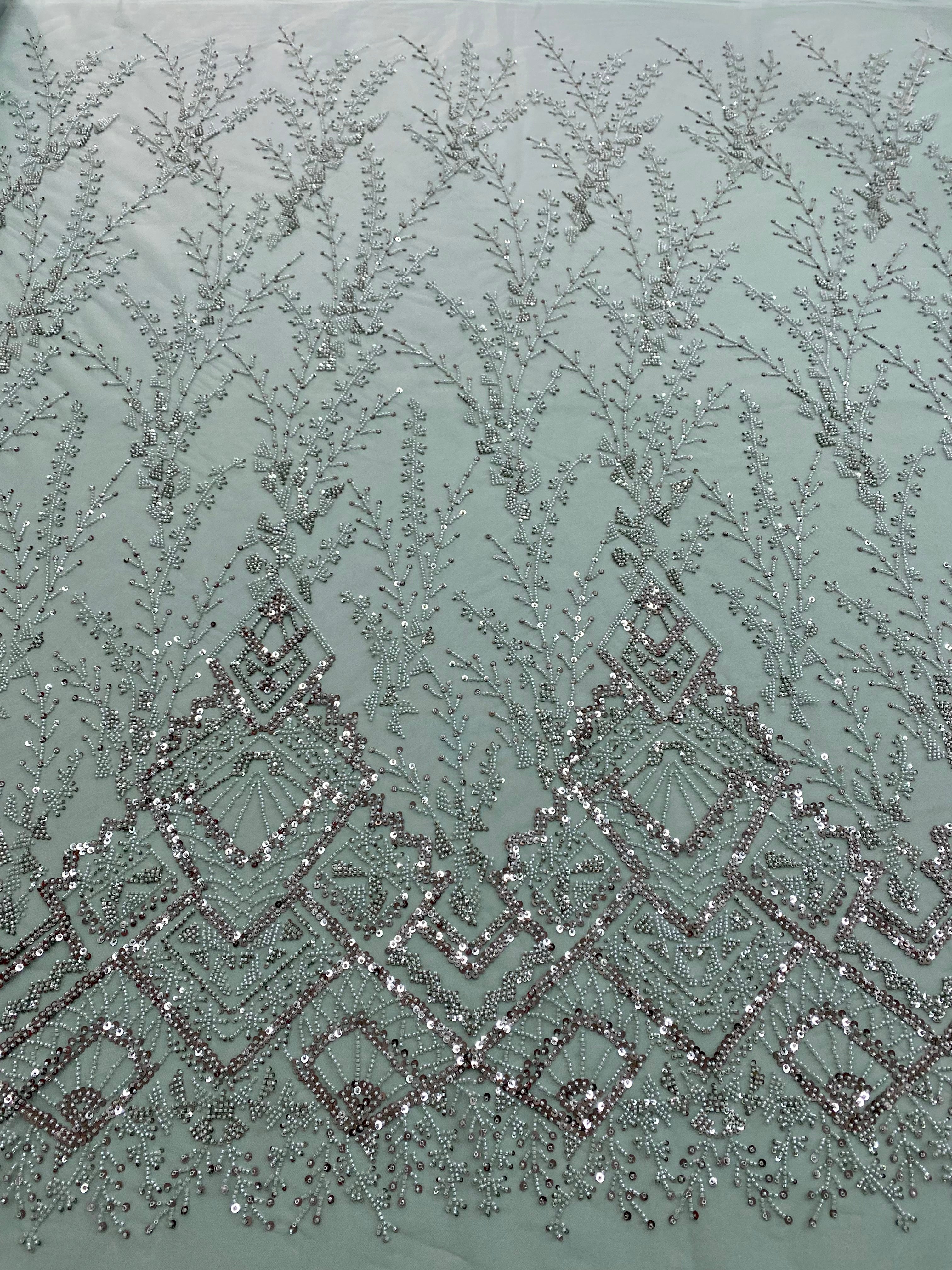 Dantela Couture Verde Prafuit cu Model Geometric, cu Margele si Paiete