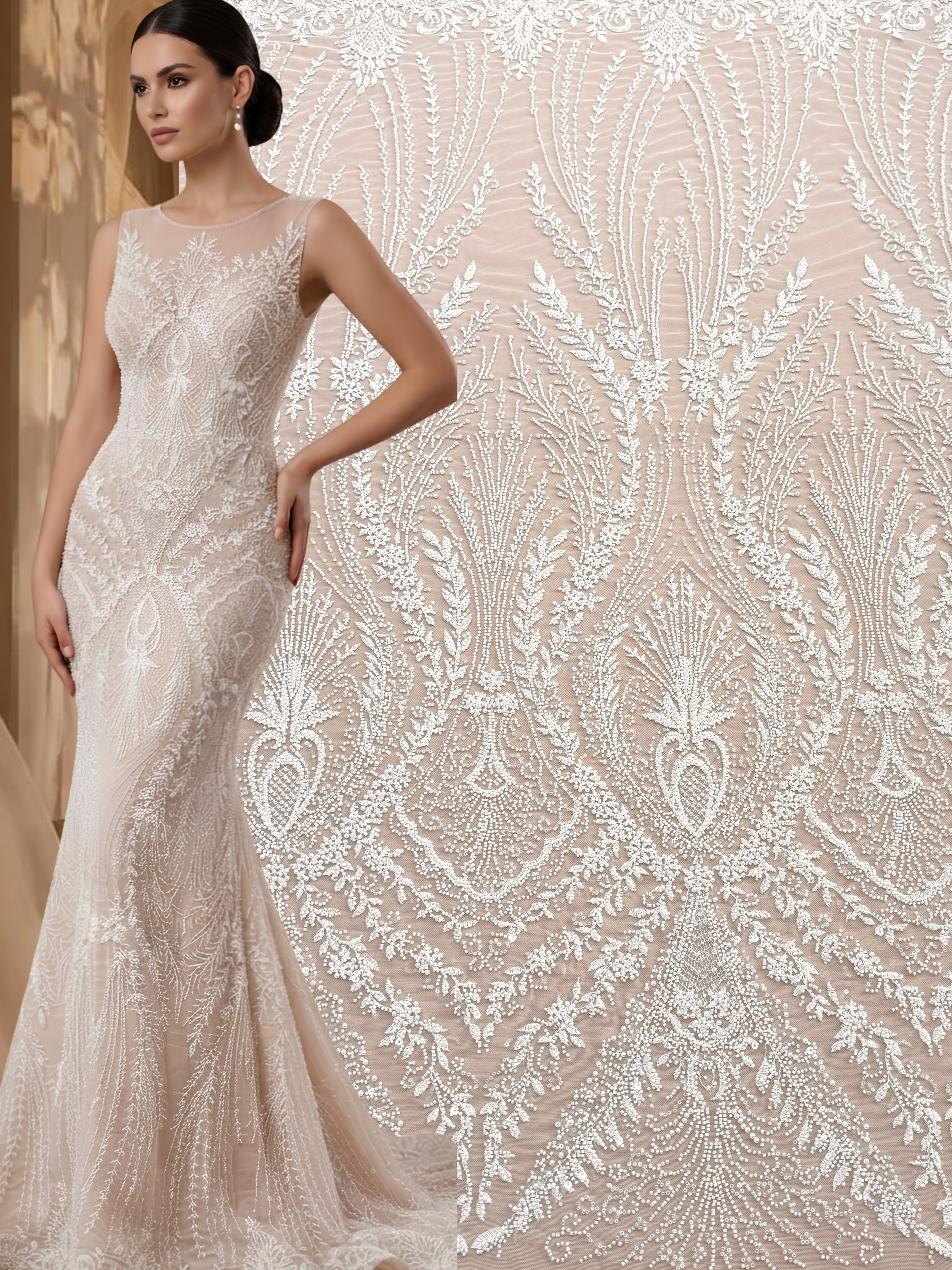 Dantela Ivory cu Model Geometric, cu Perle, Margele si Paiete