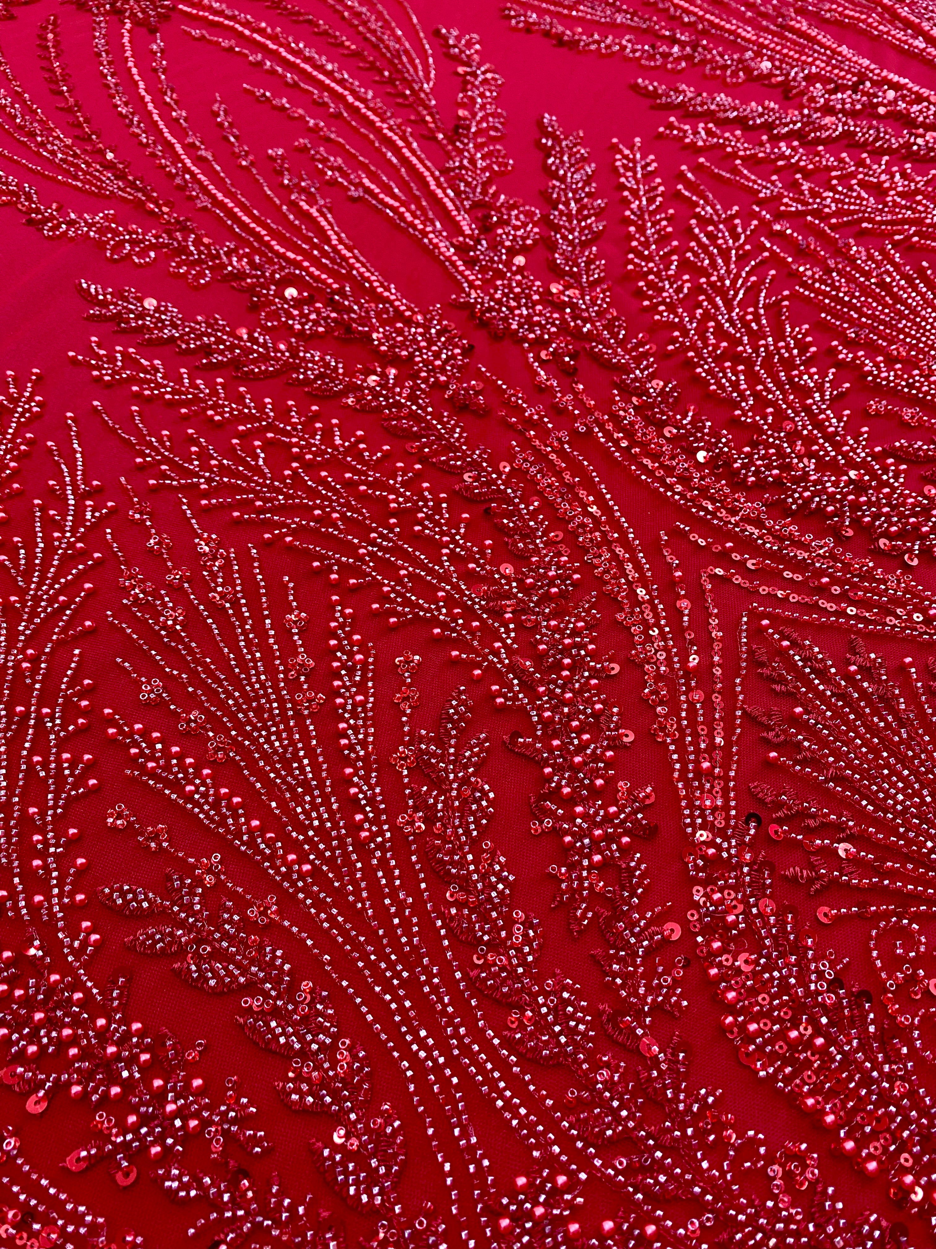 Red Couture Lace with Geometric Pattern, with Pearls, Beads and Sequins