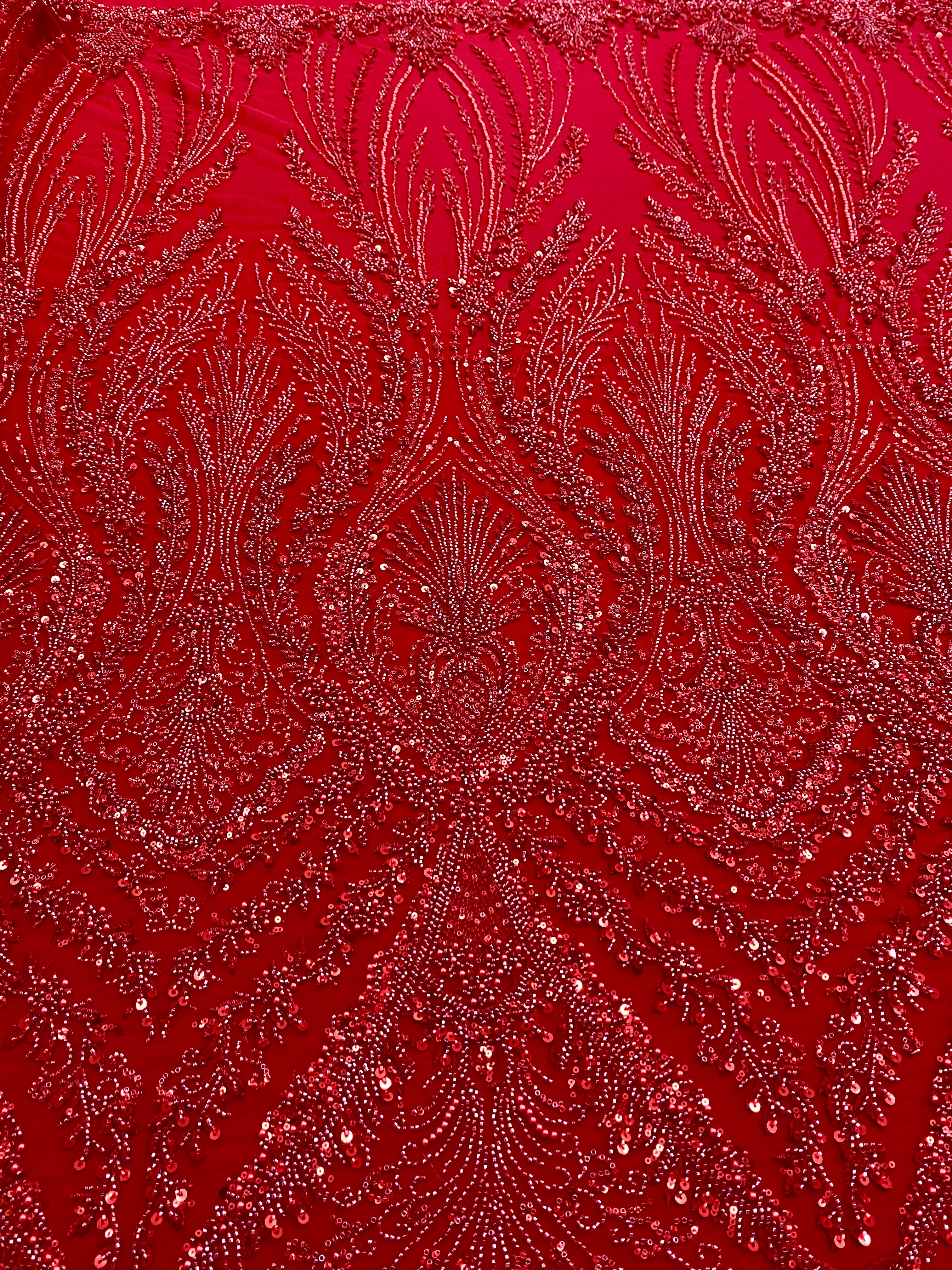 Red Couture Lace with Geometric Pattern, with Pearls, Beads and Sequins