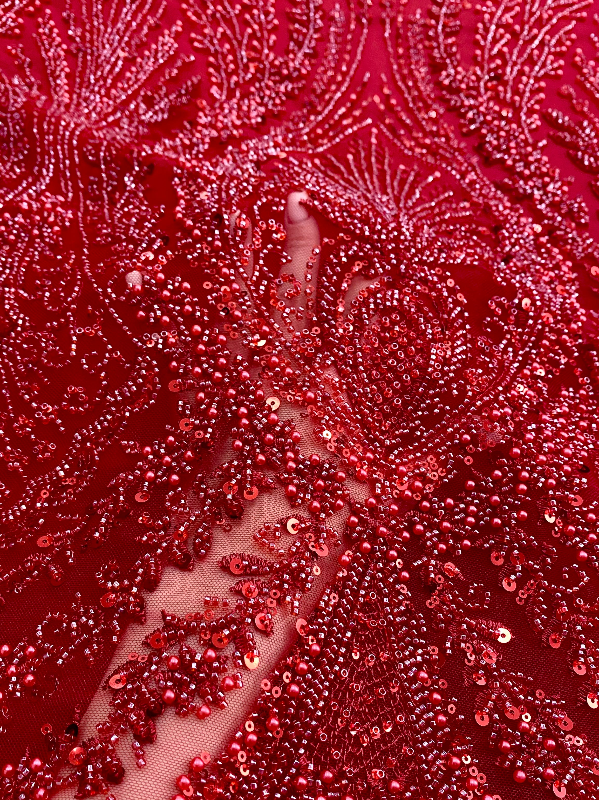Red Couture Lace with Geometric Pattern, with Pearls, Beads and Sequins