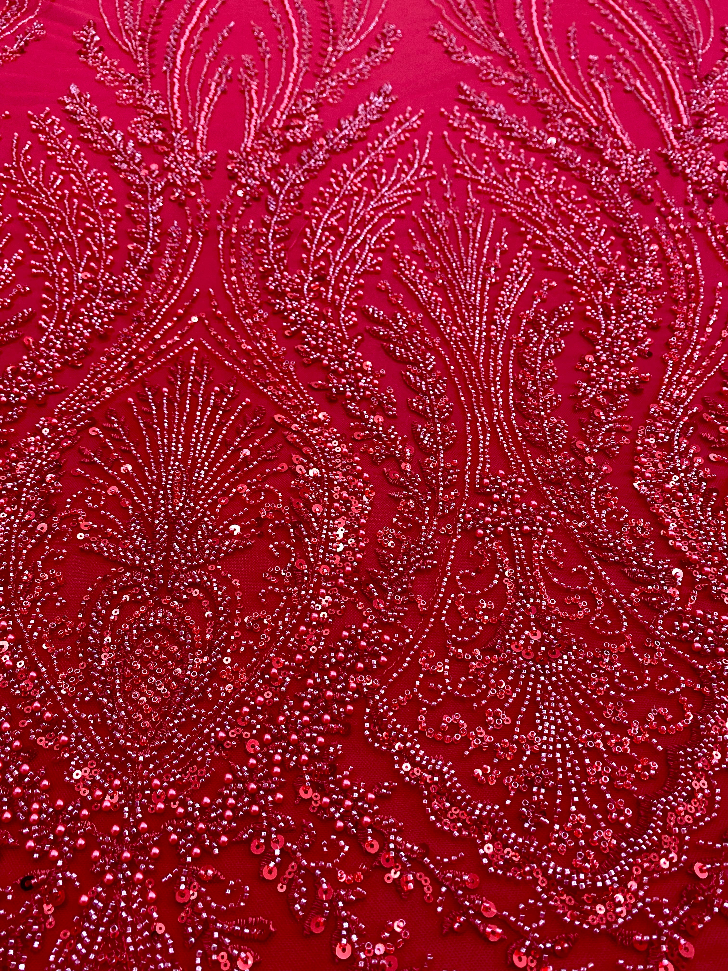 Red Couture Lace with Geometric Pattern, with Pearls, Beads and Sequins