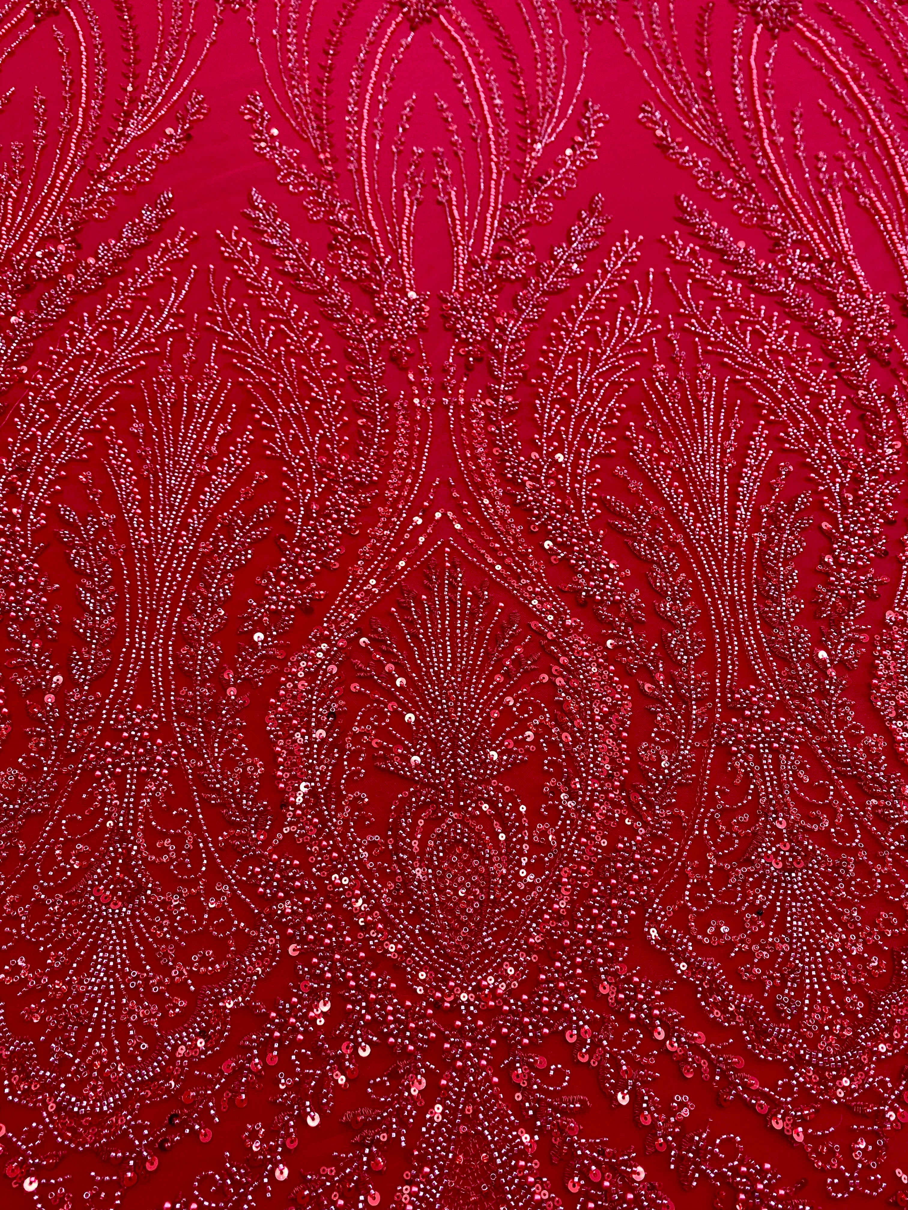 Red Couture Lace with Geometric Pattern, with Pearls, Beads and Sequins