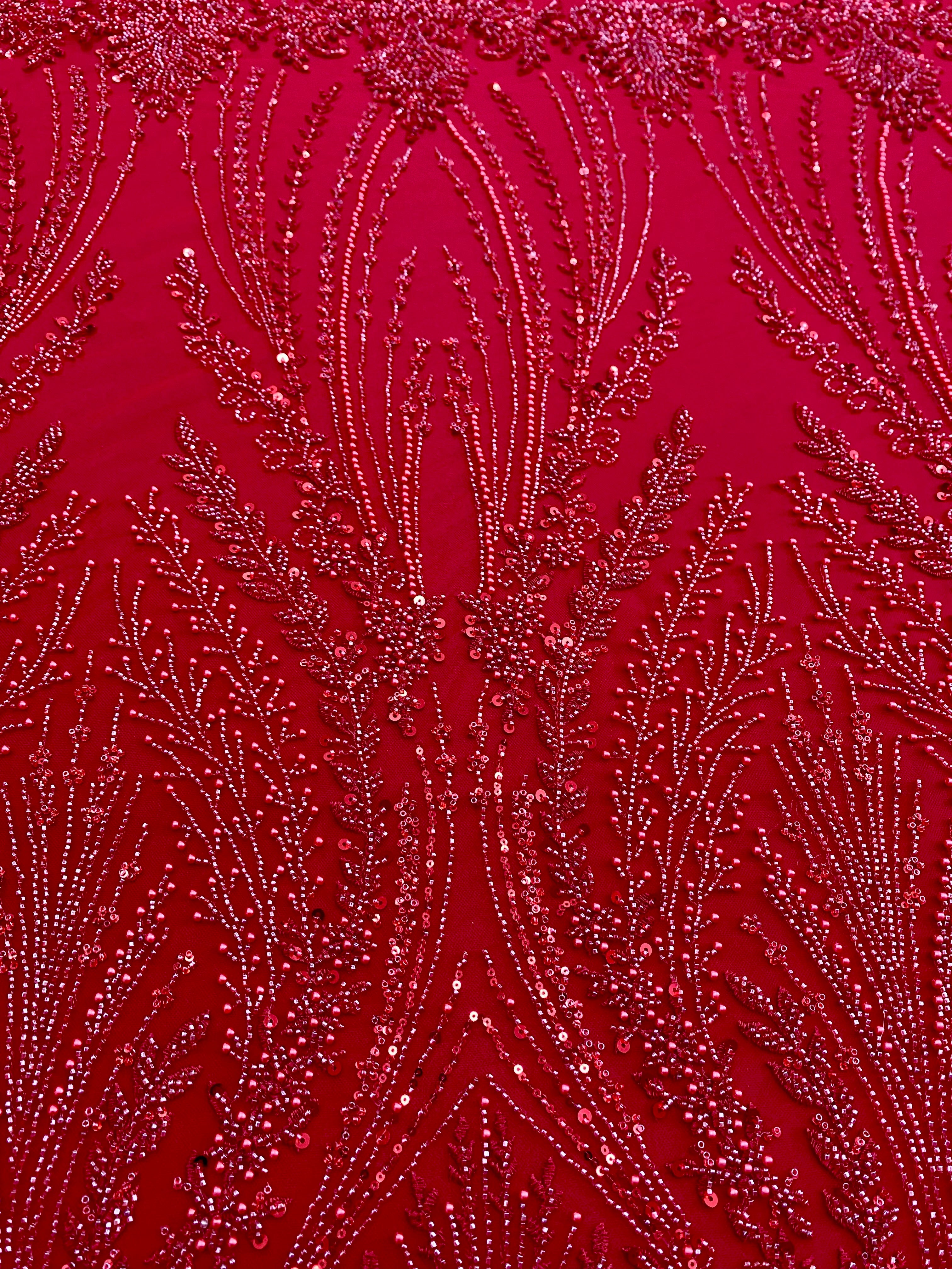 Red Couture Lace with Geometric Pattern, with Pearls, Beads and Sequins