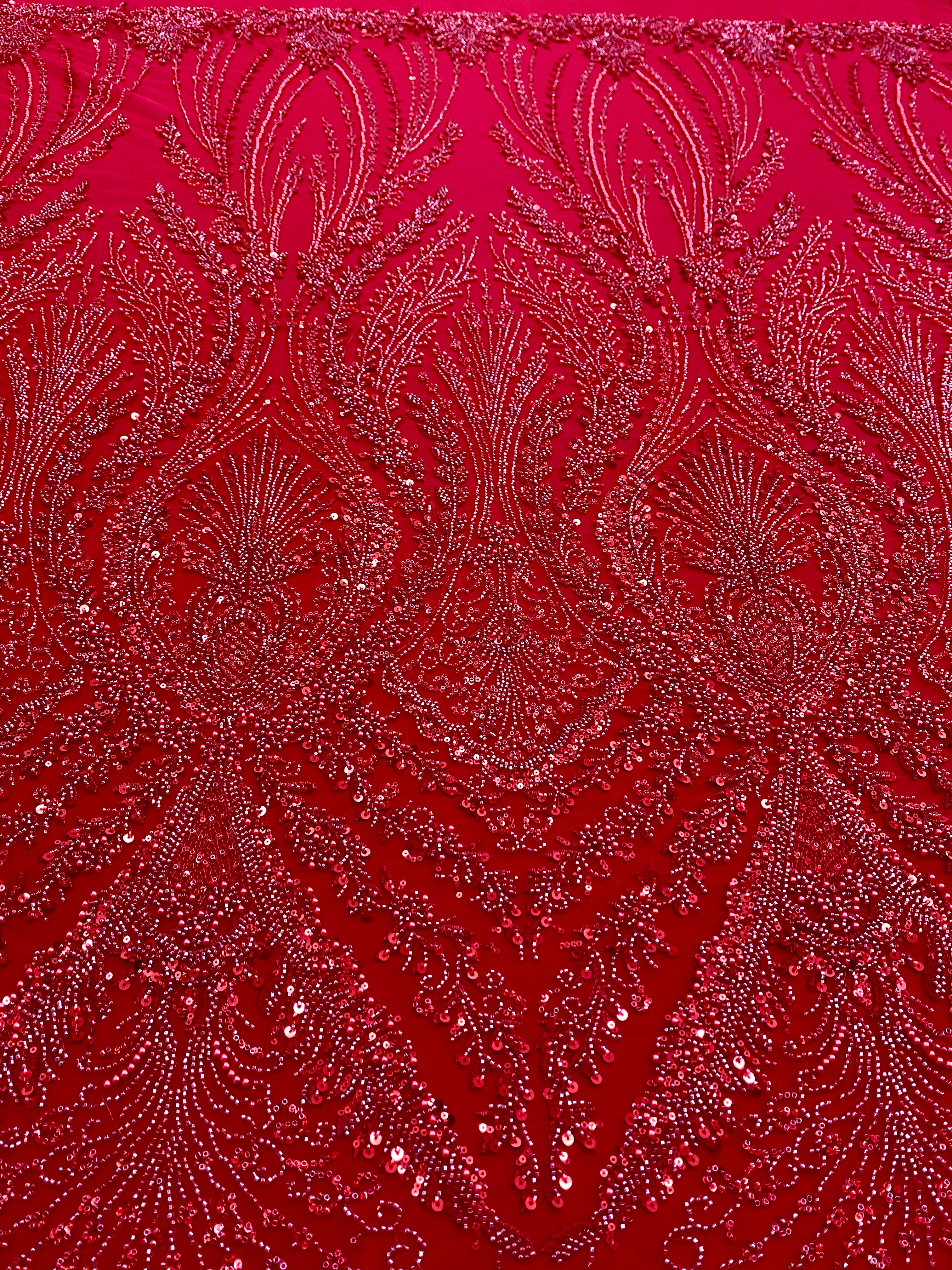 Red Couture Lace with Geometric Pattern, with Pearls, Beads and Sequins