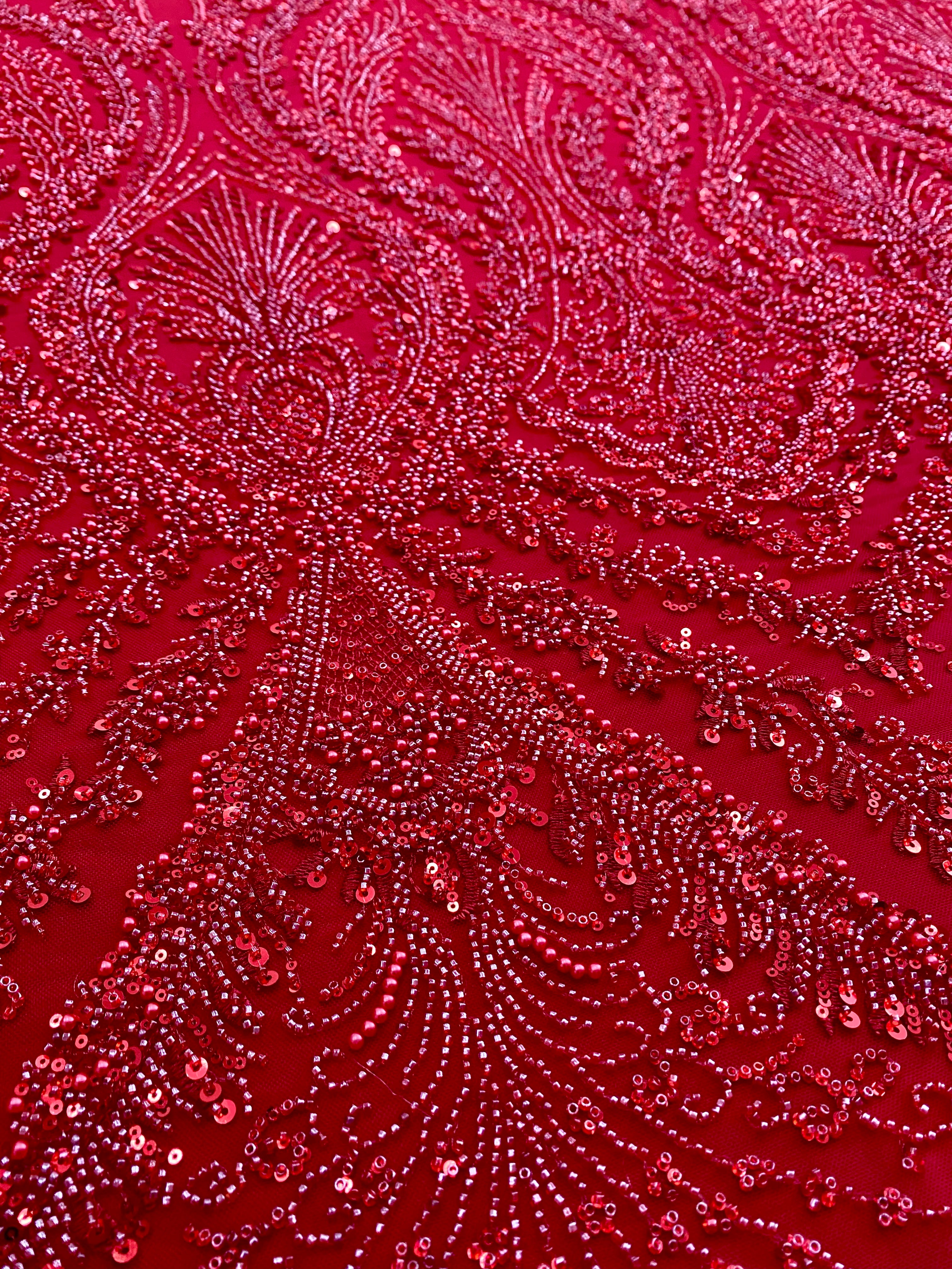 Red Couture Lace with Geometric Pattern, with Pearls, Beads and Sequins
